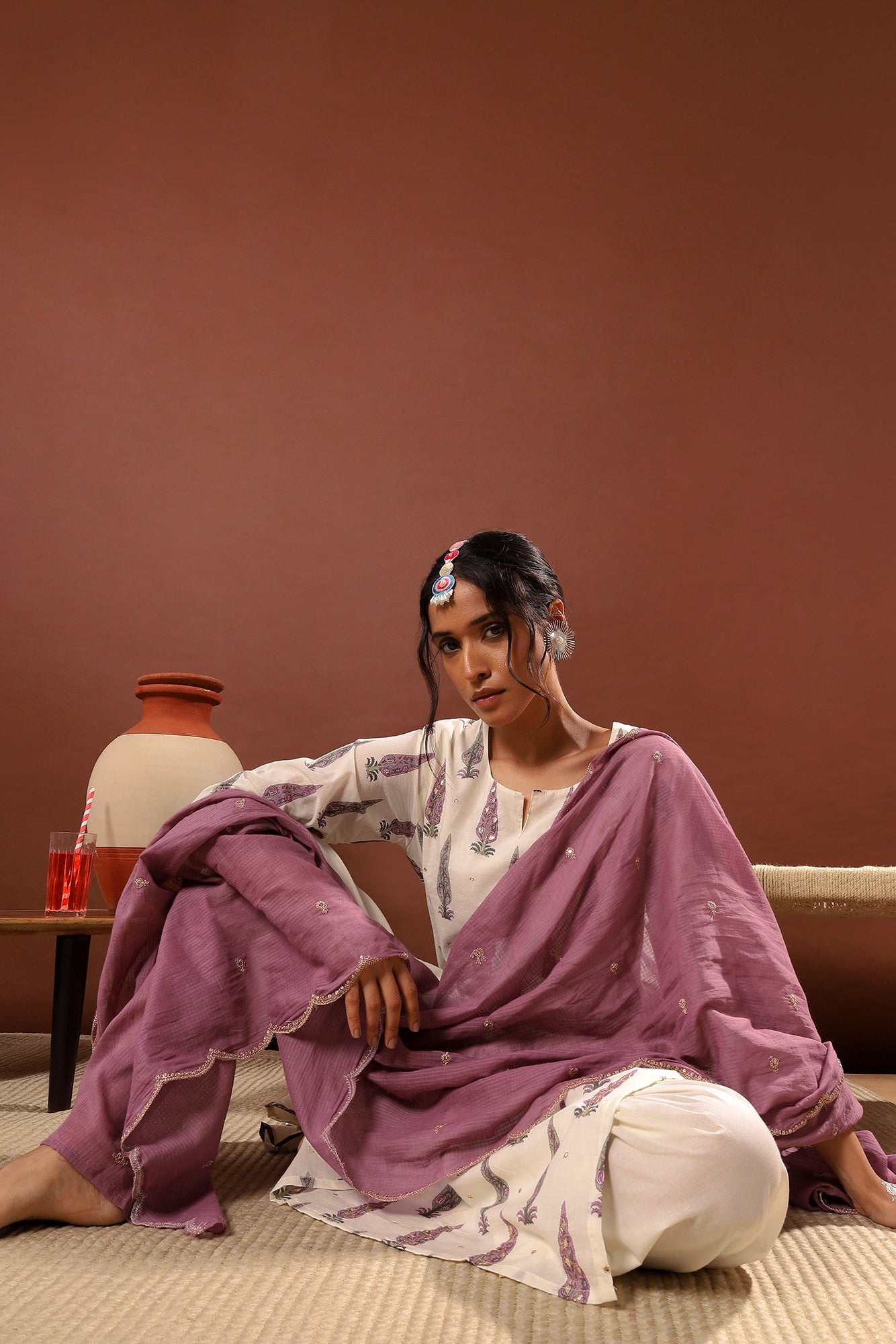 Lilac Floral Suit Set, with Kota Doria Dupatta | HER-519