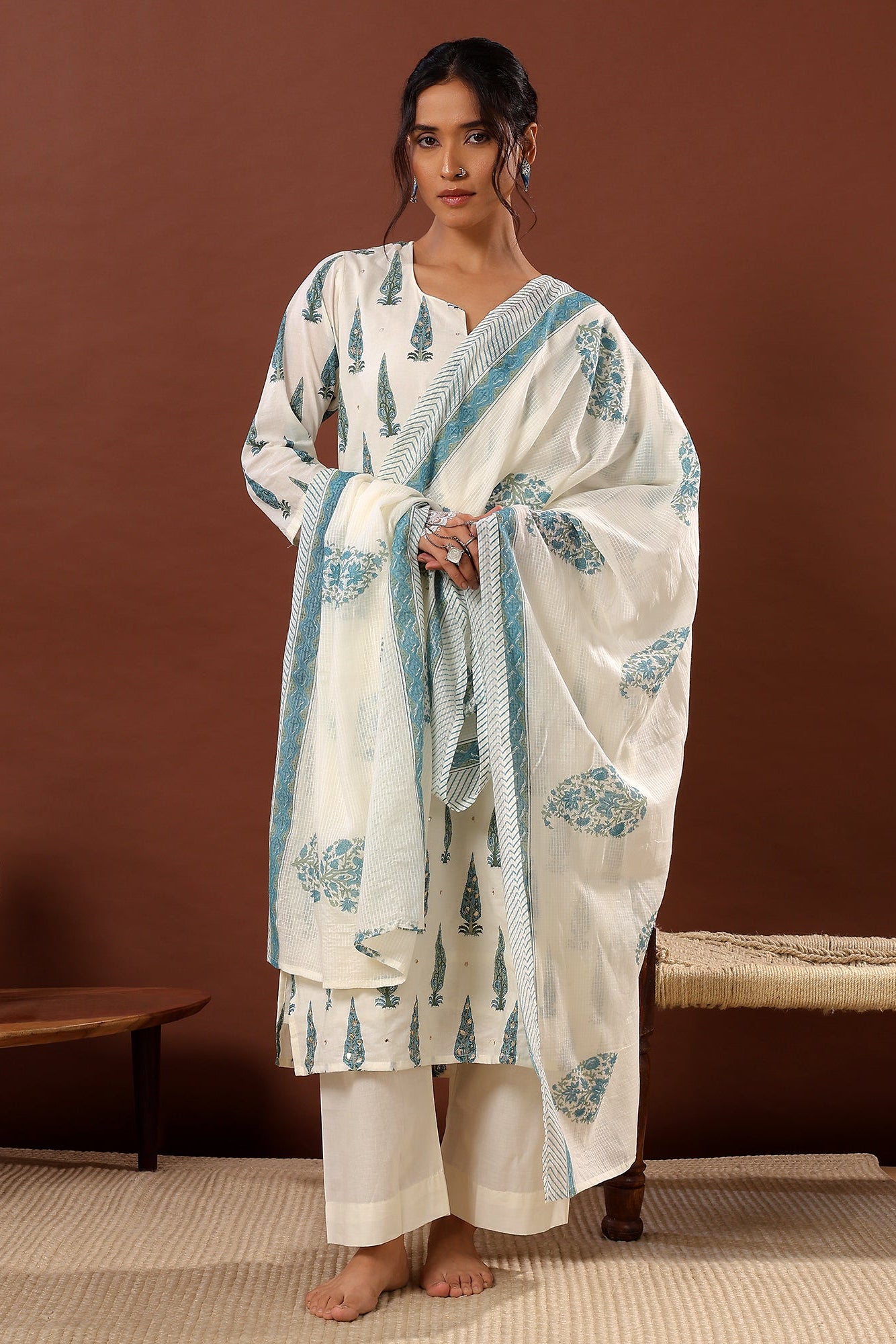 Sea Green Floral Suit Set, with Kota Doria Dupatta | HER-519