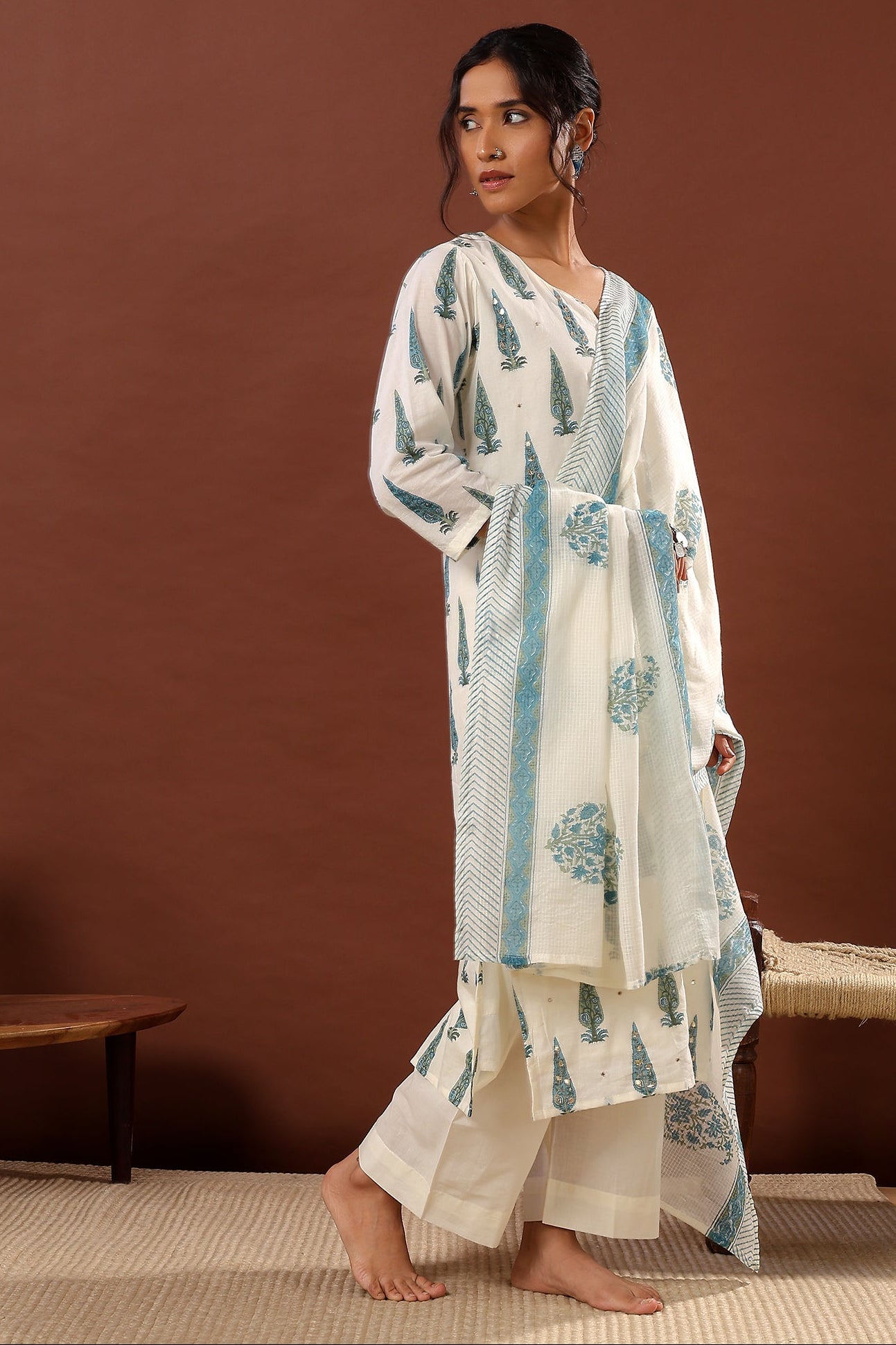 Sea Green Floral Suit Set, with Kota Doria Dupatta | HER-519