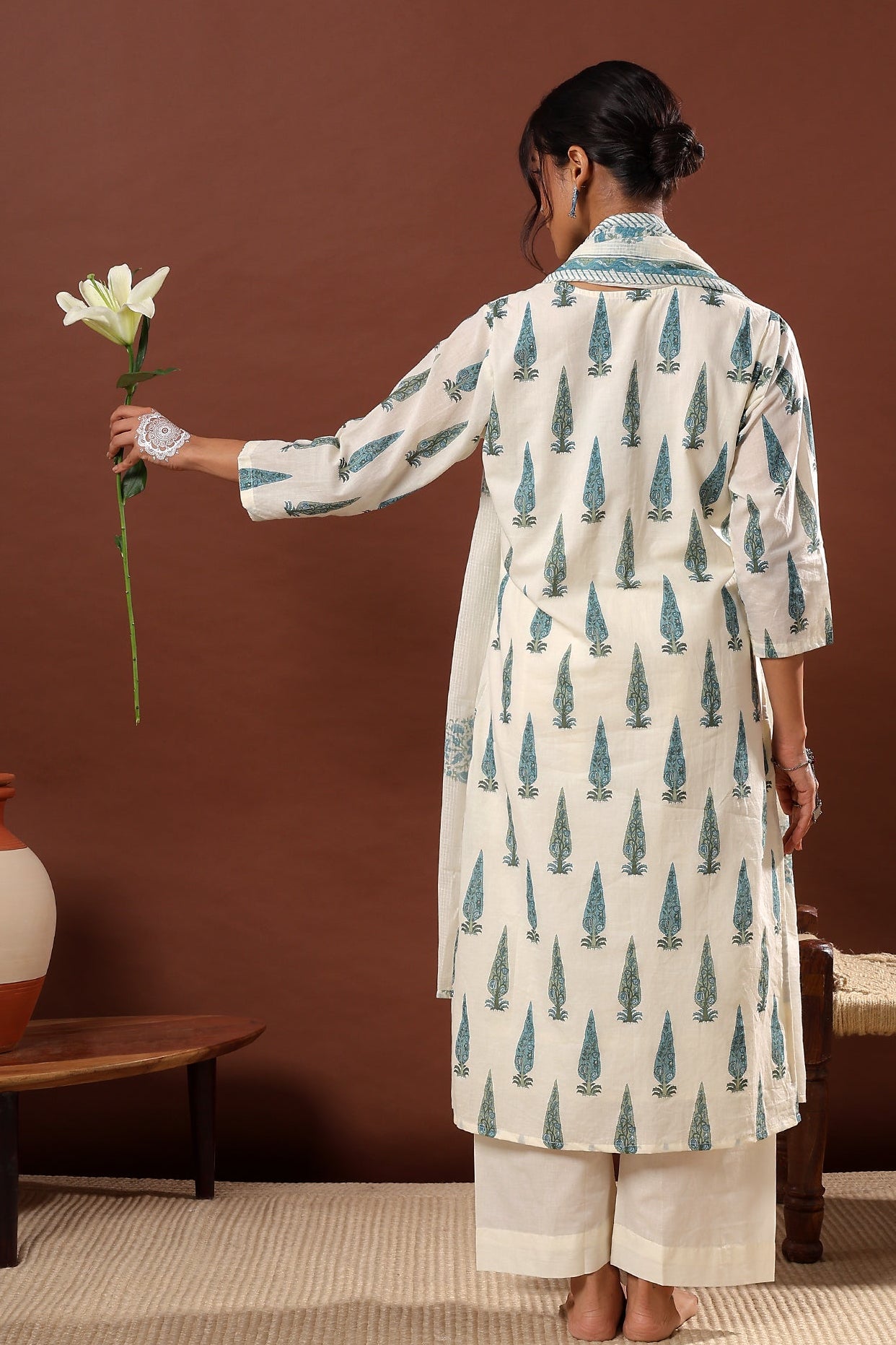 Sea Green Floral Suit Set, with Kota Doria Dupatta | HER-519