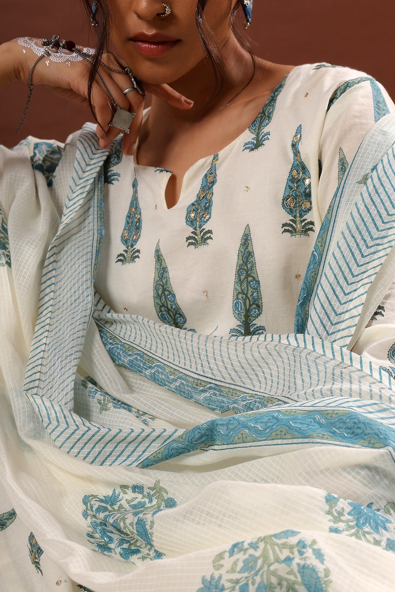 Sea Green Floral Suit Set, with Kota Doria Dupatta | HER-519