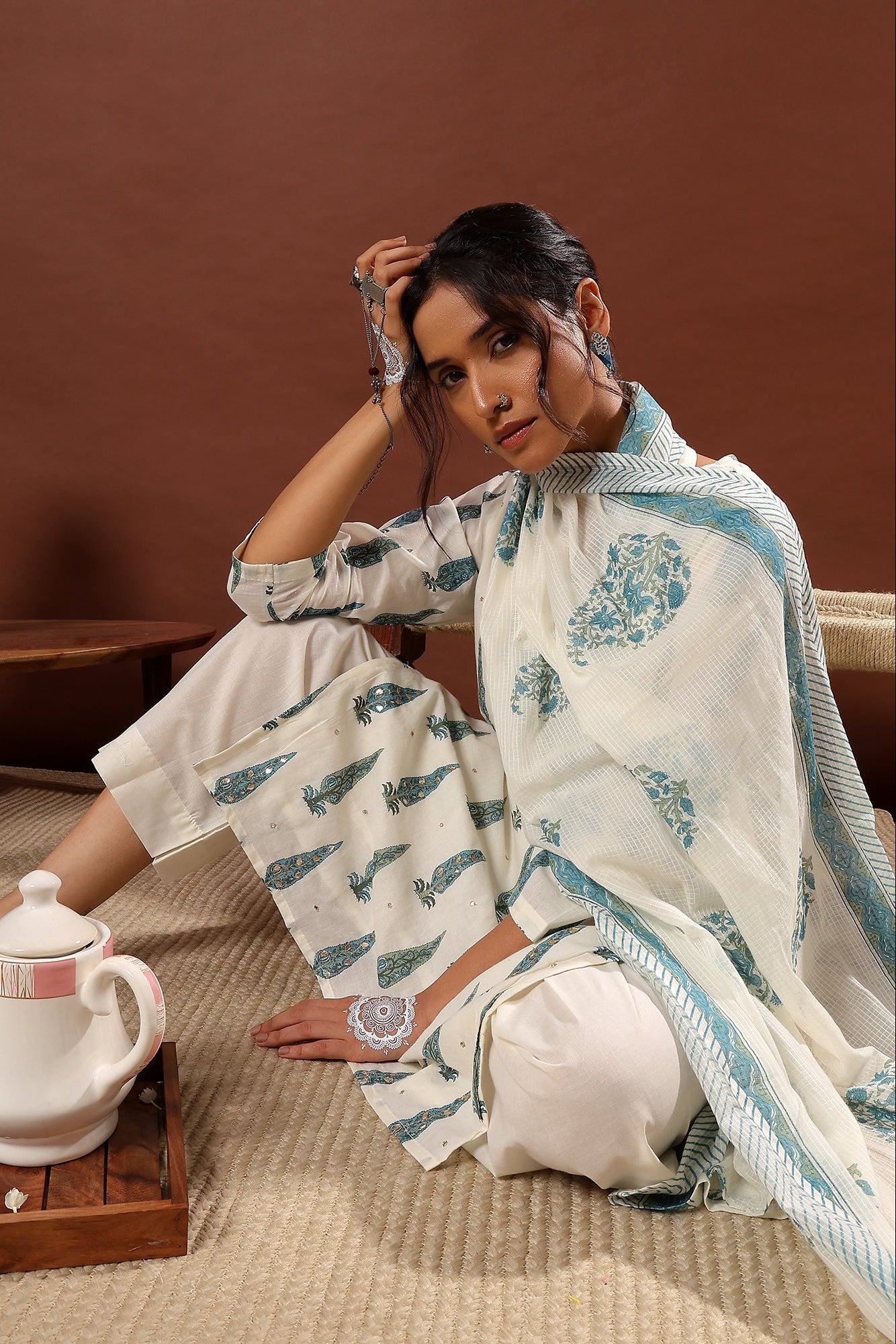 Sea Green Floral Suit Set, with Kota Doria Dupatta | HER-519