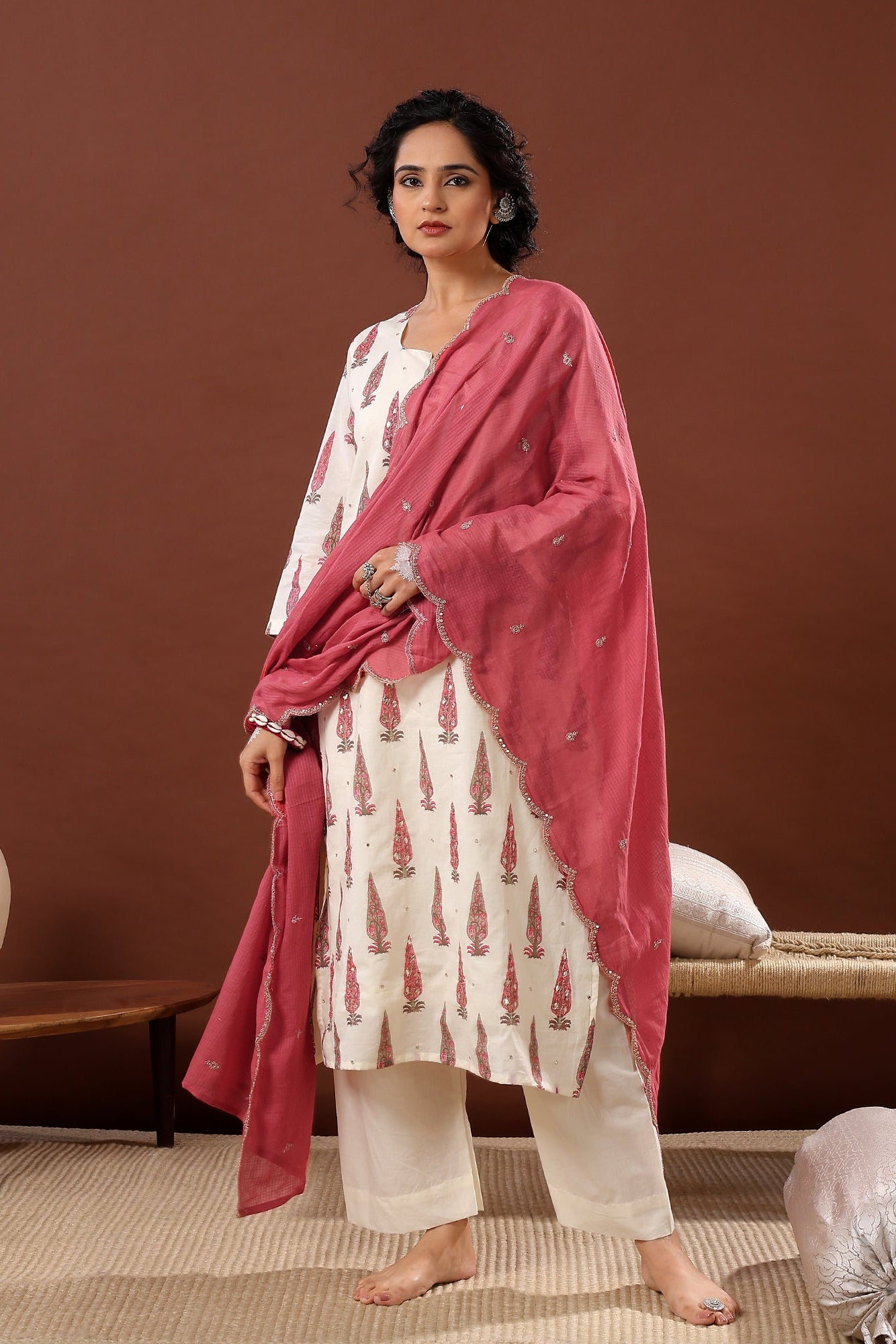 Dusty Rose Pink Floral Suit Set, with Kota Doria Dupatta | HER-519