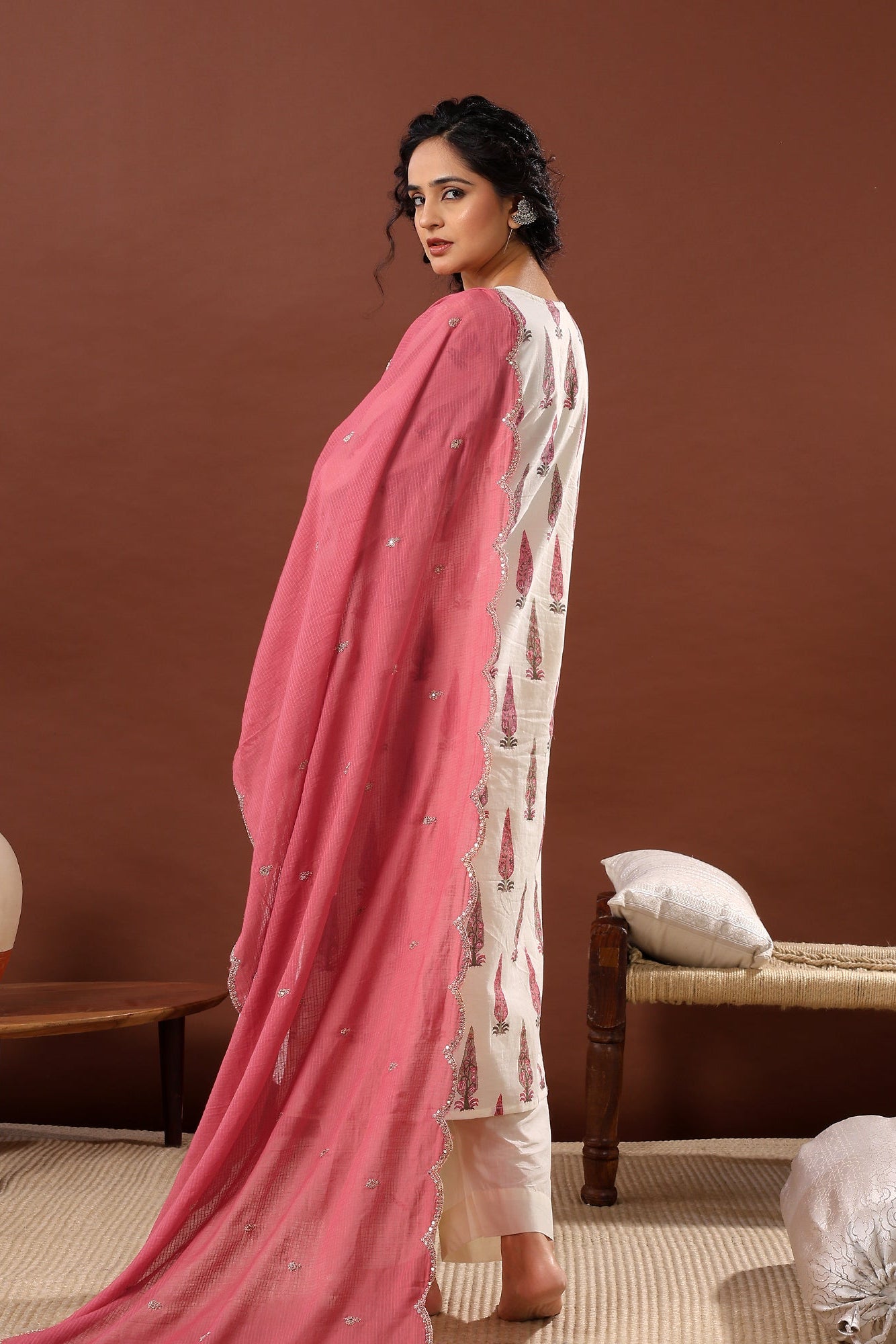 Dusty Rose Pink Floral Suit Set, with Kota Doria Dupatta | HER-519