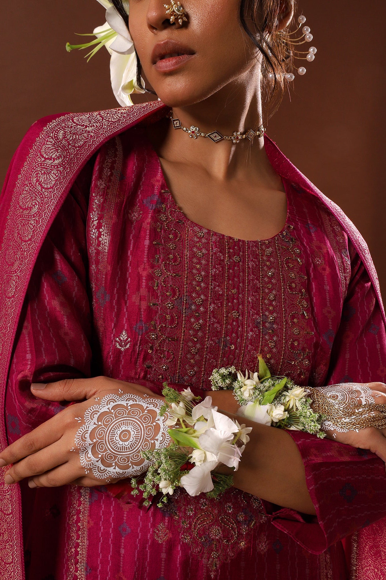 Gul Pink Dola Jacquard Suit Set | HER-484