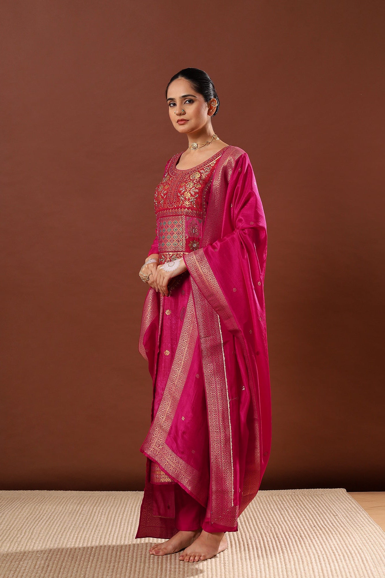 Heritage Premium Dola Jacquard Embroidered Suit Set – Rani Pink | HER-483