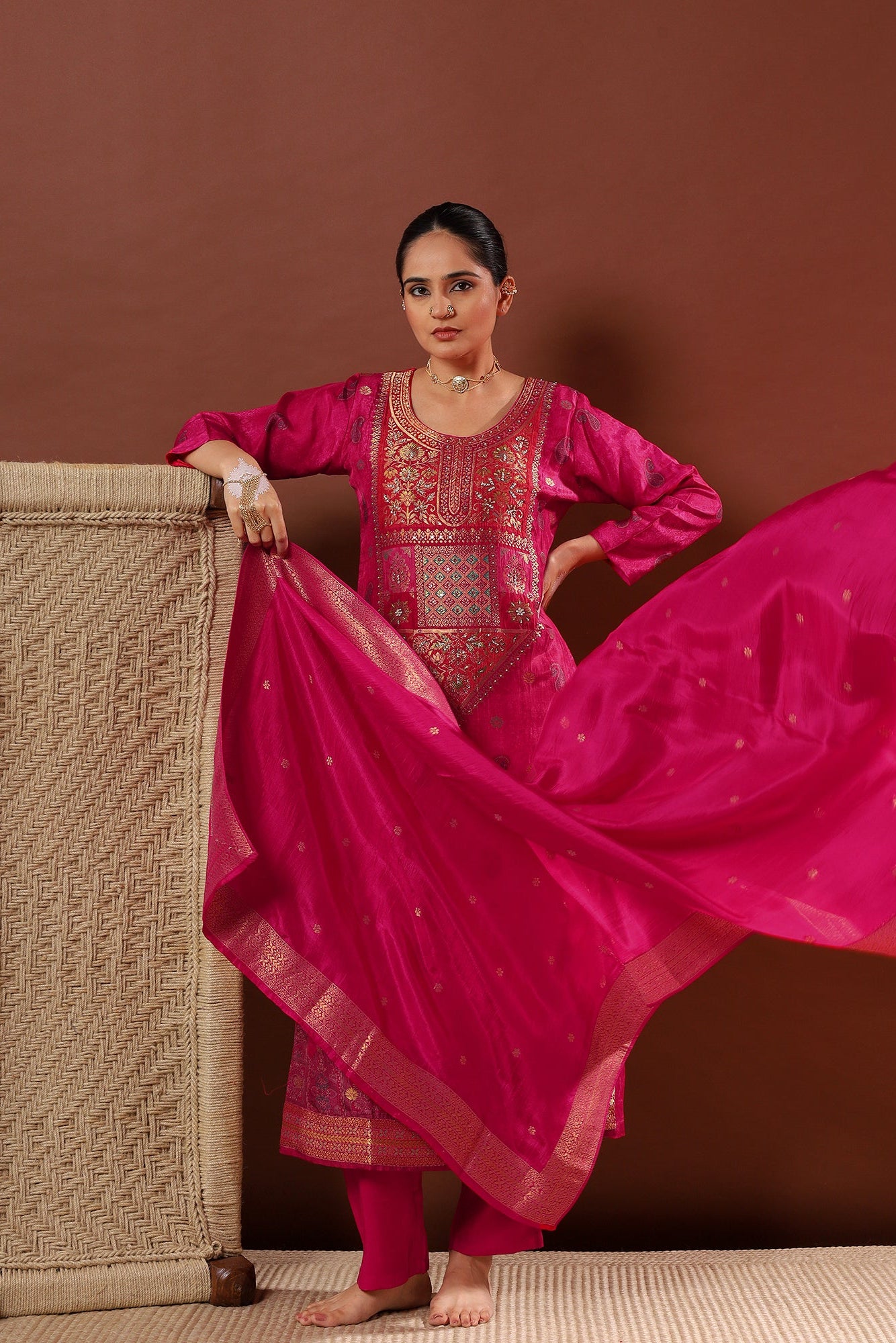 Heritage Premium Dola Jacquard Embroidered Suit Set – Rani Pink | HER-483