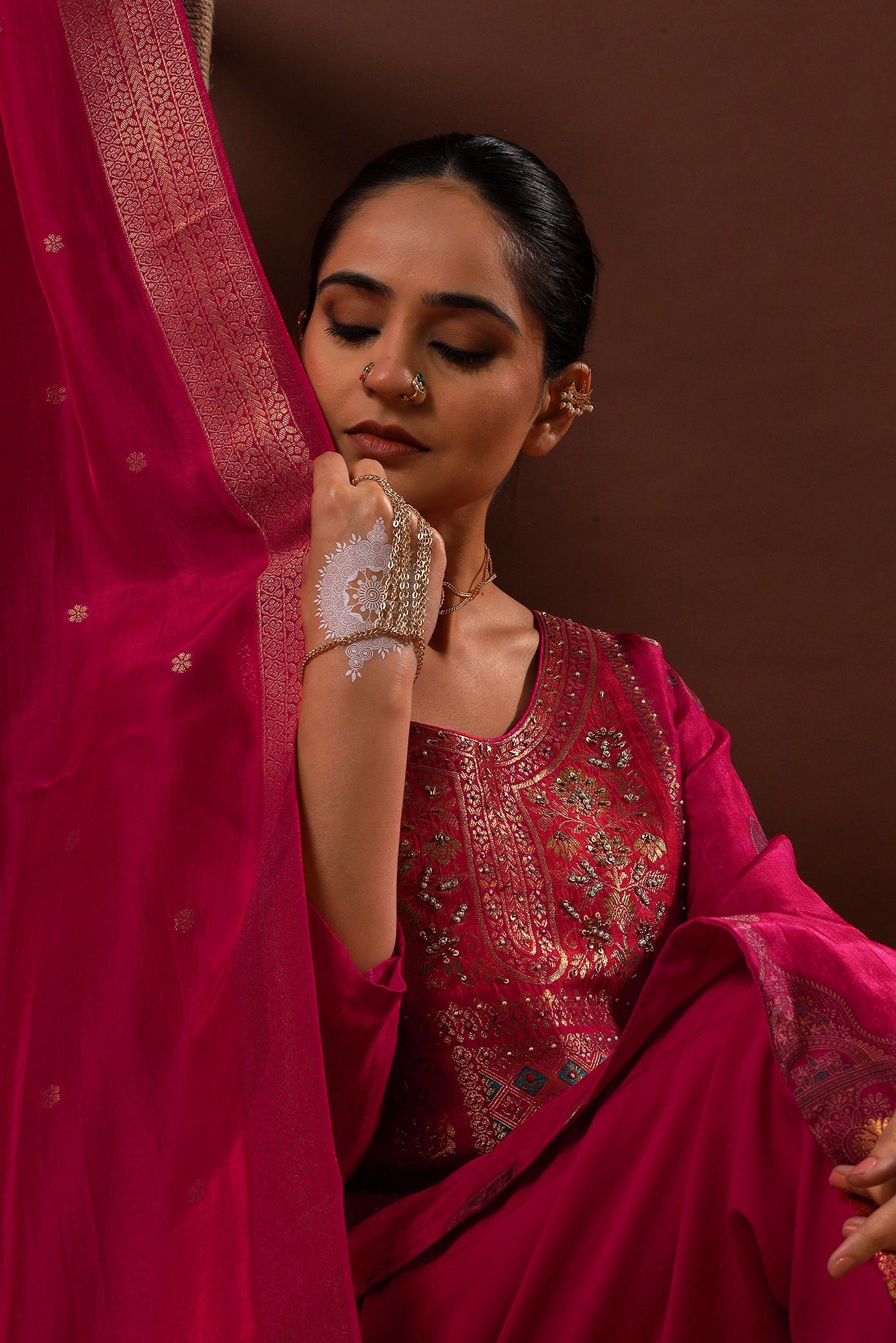 Heritage Premium Dola Jacquard Embroidered Suit Set – Rani Pink | HER-483