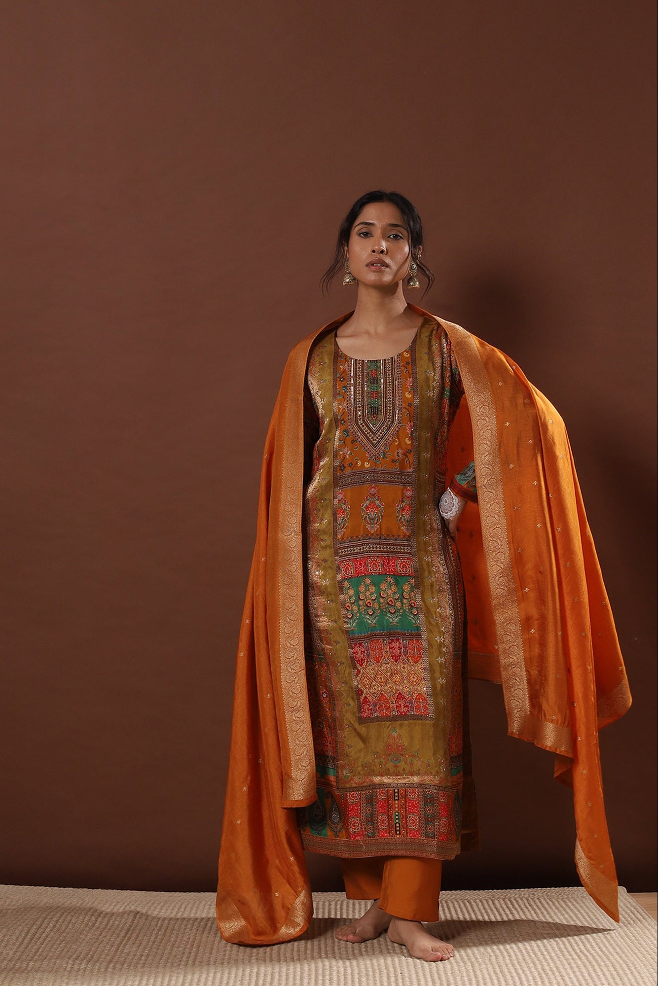 Ochre/Mustard Yellow Dola Jacquard Suit Set | HER-482