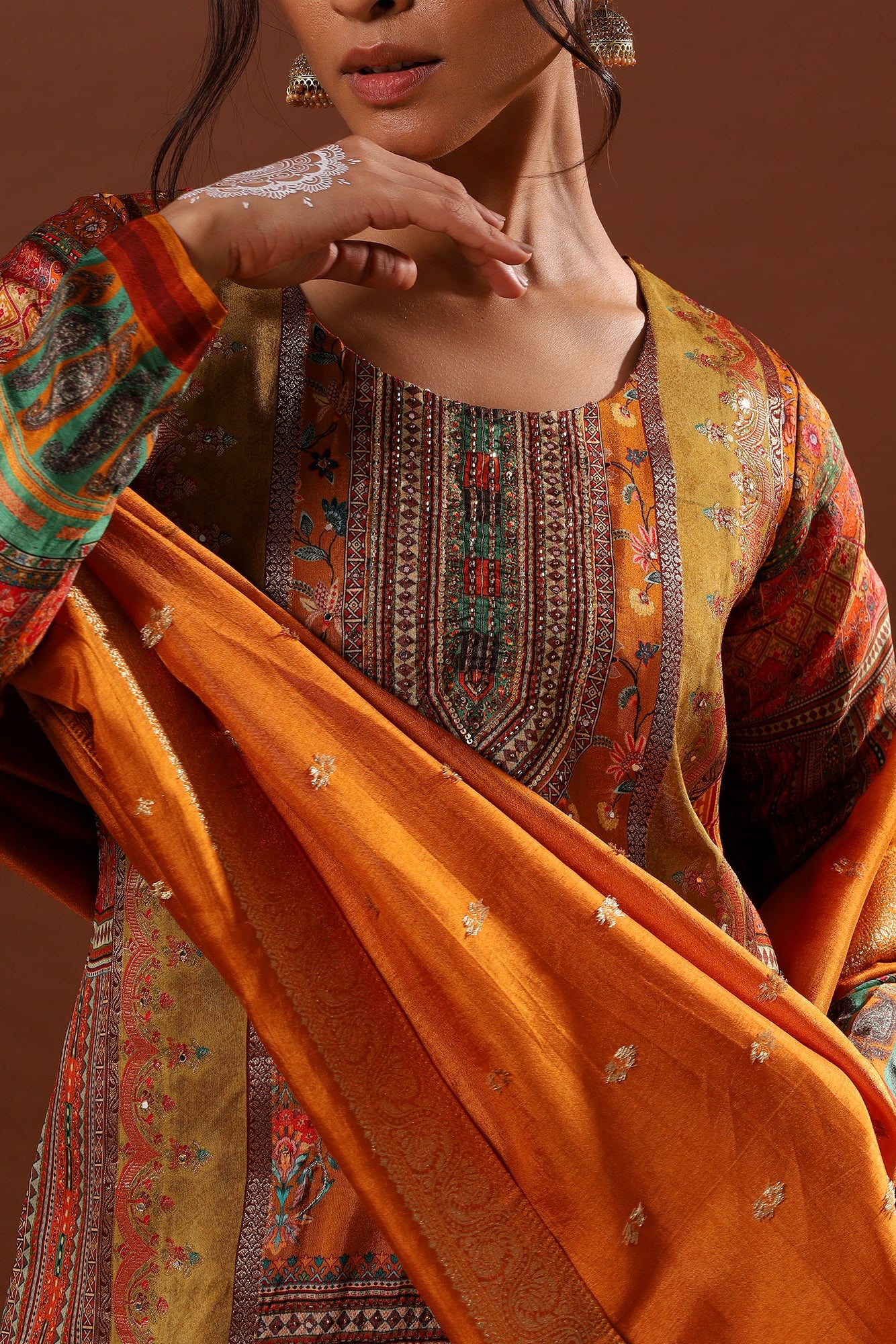 Ochre/Mustard Yellow Dola Jacquard Suit Set | HER-482