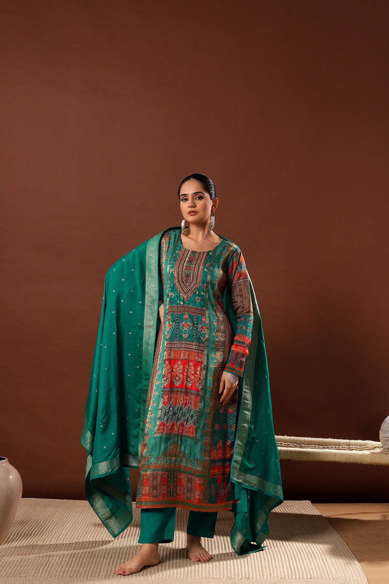 Emerald Green Dola Jacquard Suit Set | HER-482