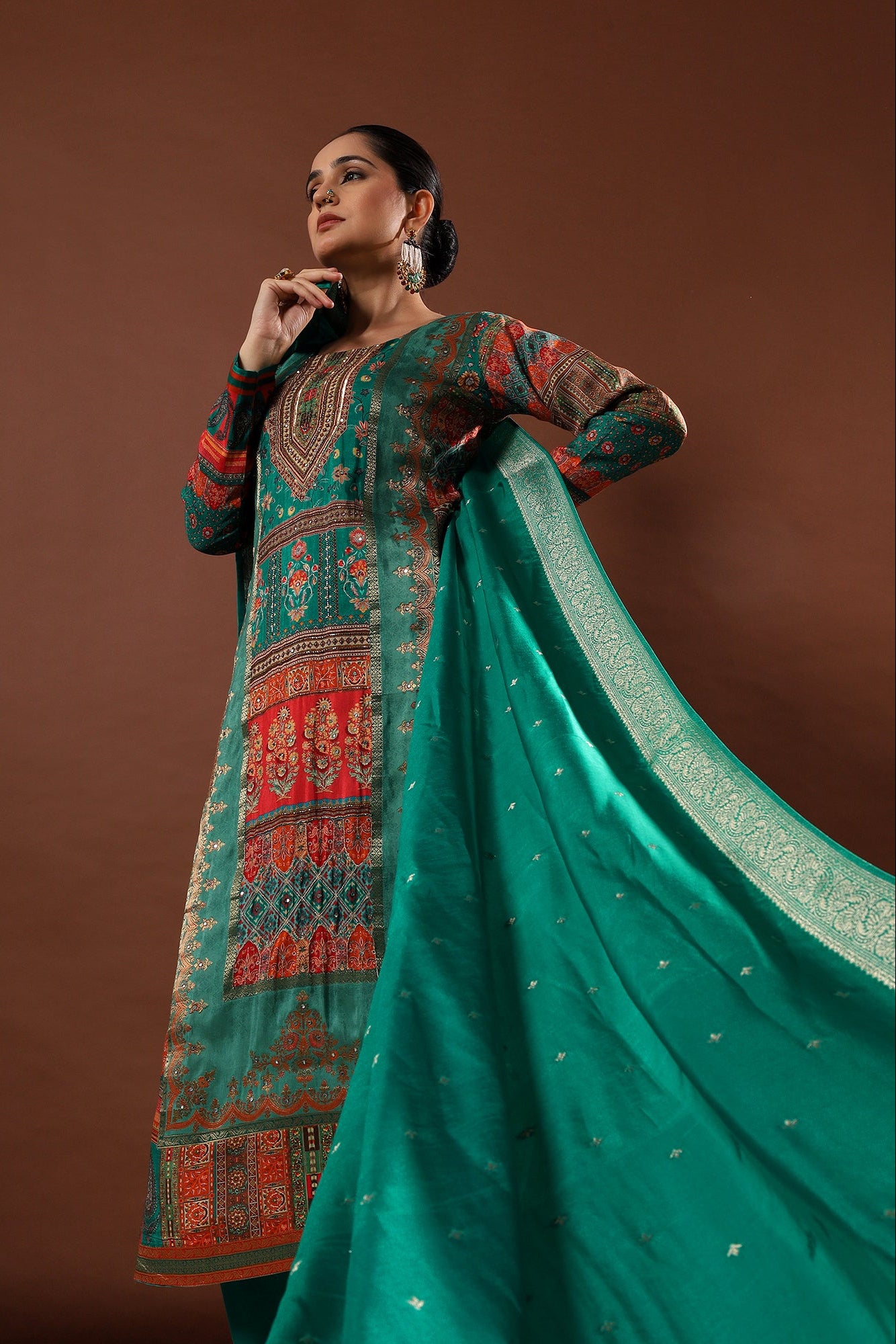 Emerald Green Dola Jacquard Suit Set | HER-482