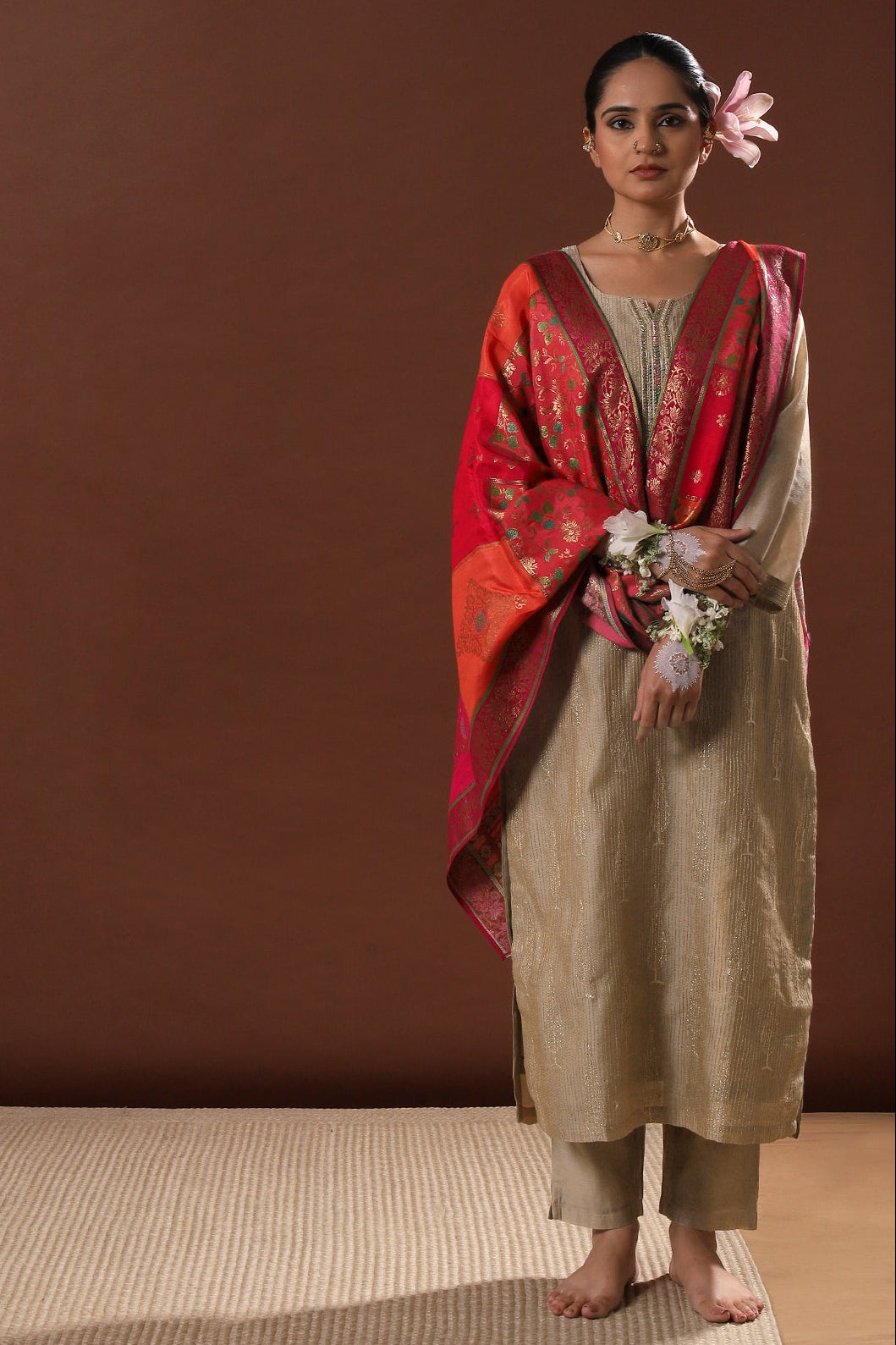 Zayna Gold Chanderi Suit Set with Banarasi Dupatta | HER-486