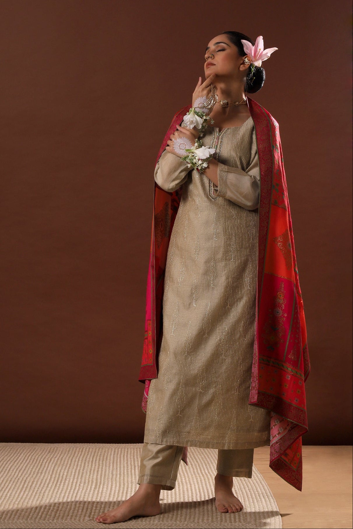 Zayna Gold Chanderi Suit Set with Banarasi Dupatta | HER-486