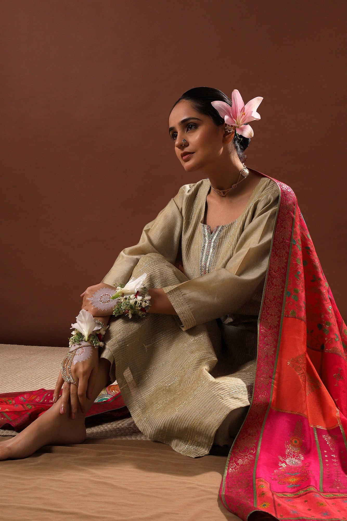 Zayna Gold Chanderi Suit Set with Banarasi Dupatta | HER-486