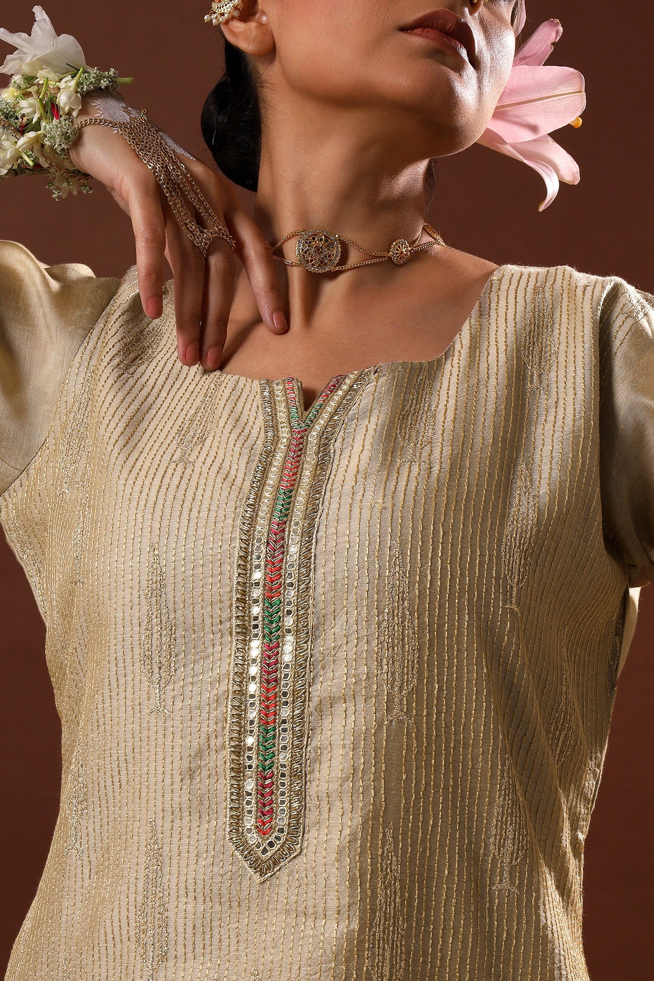 Zayna Gold Chanderi Suit Set with Banarasi Dupatta | HER-486