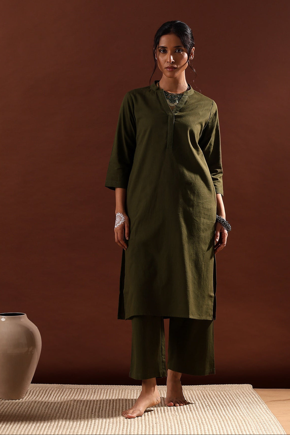 Olive Minimal Kurta/Co-ord Set | HER-527