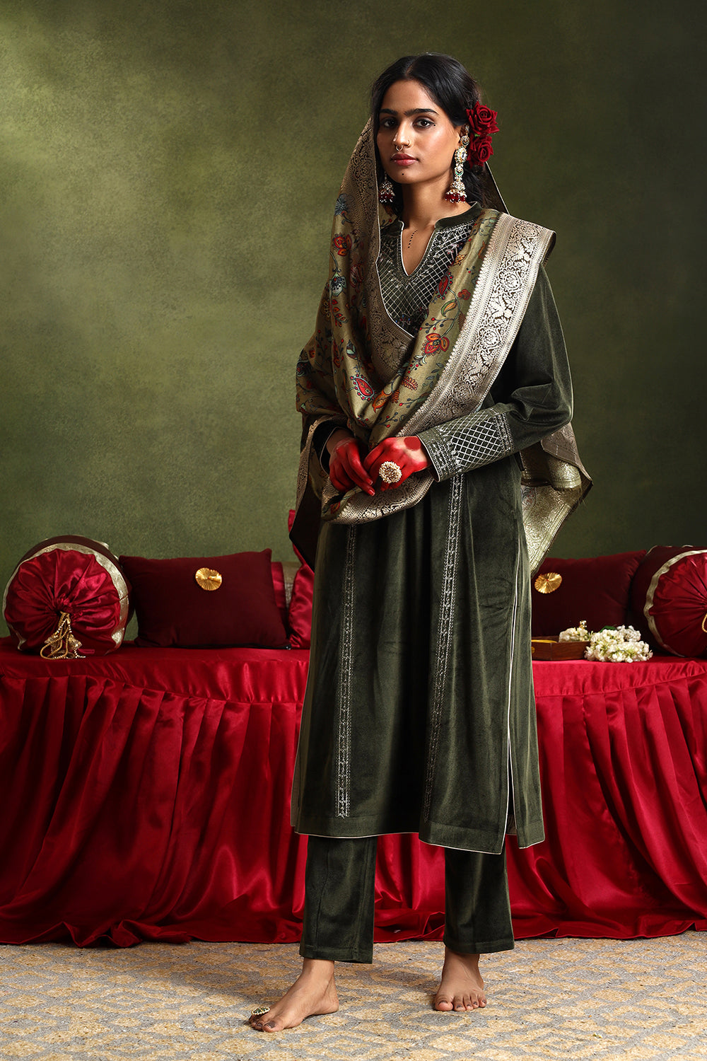 Olive Velvet Suit Set | HER-442