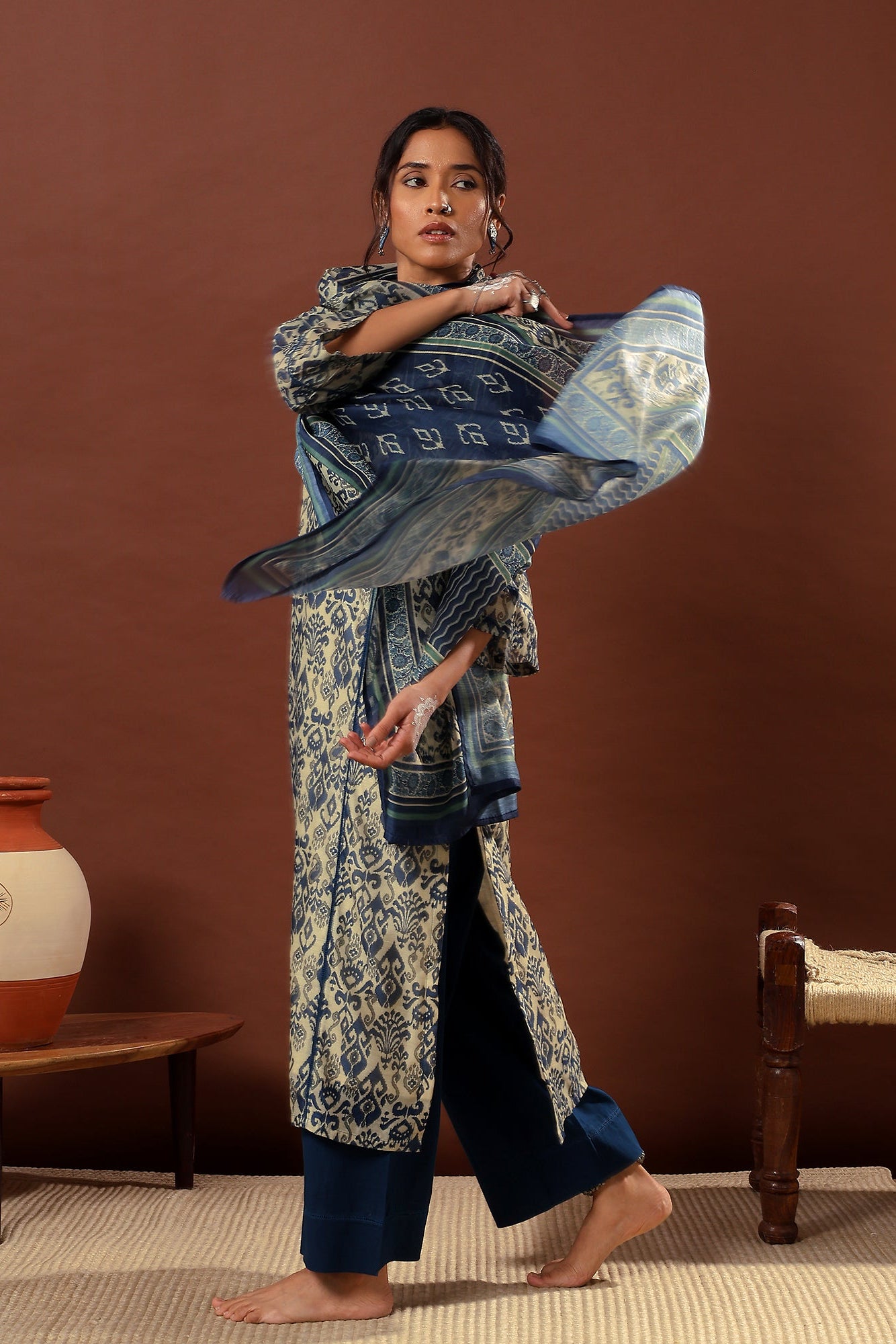 Mahek Midnight Blue Printed Chanderi Suit Set | HER-501