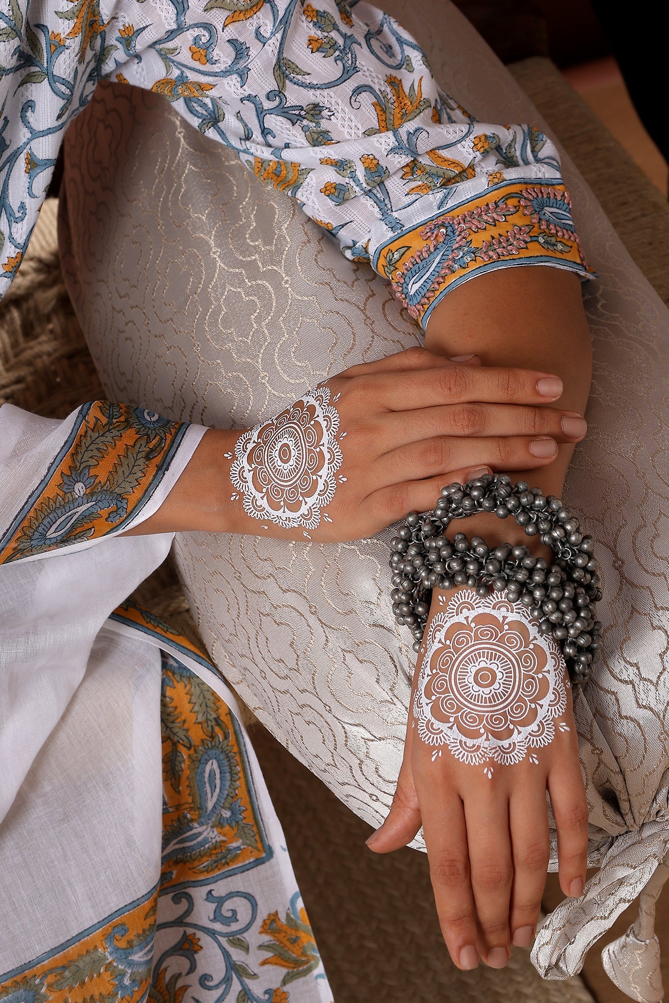 Gulnar Handblock Cotton Suit Set – White & Mustard