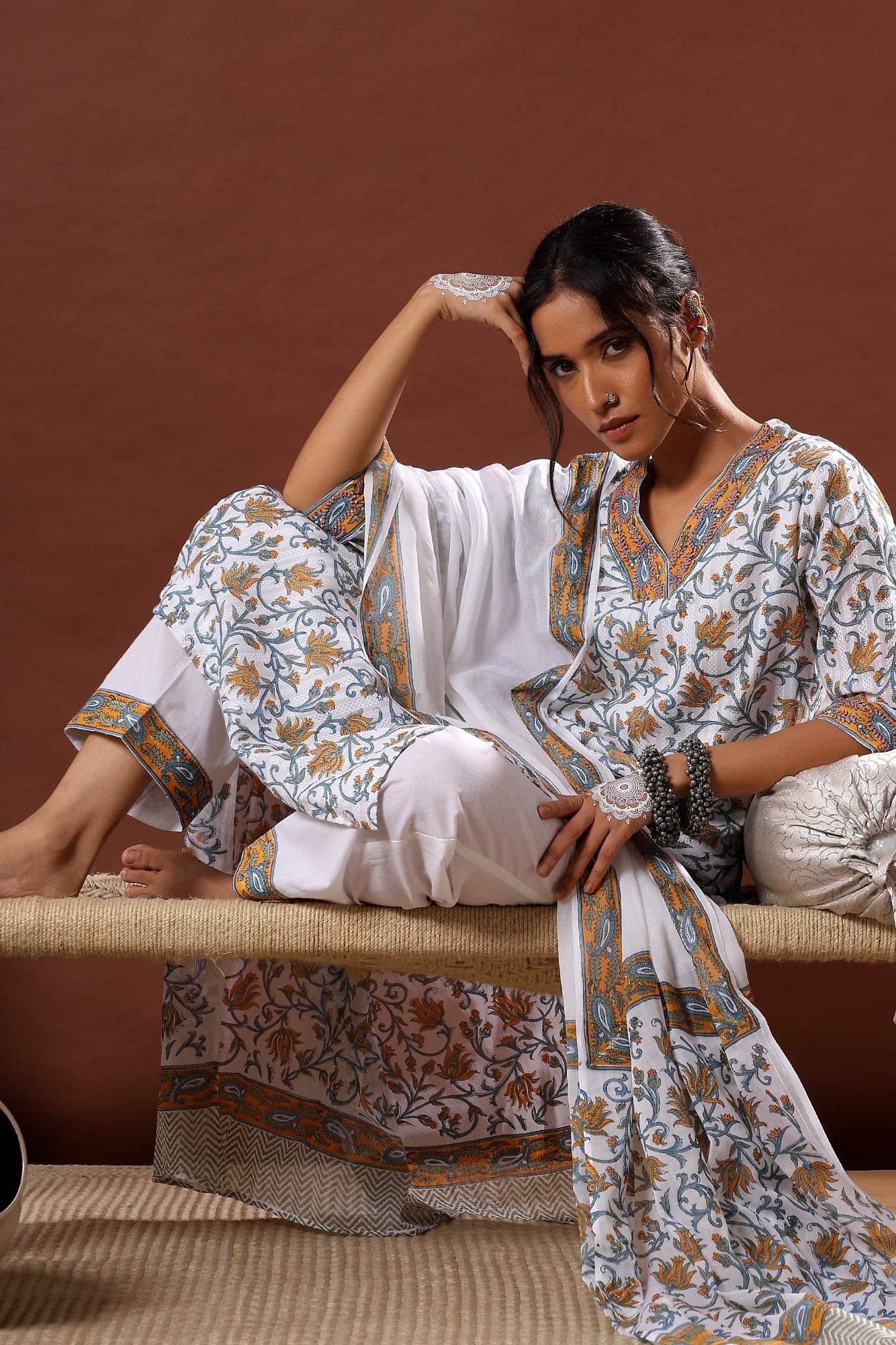 Gulnar Handblock Cotton Suit Set – White & Mustard