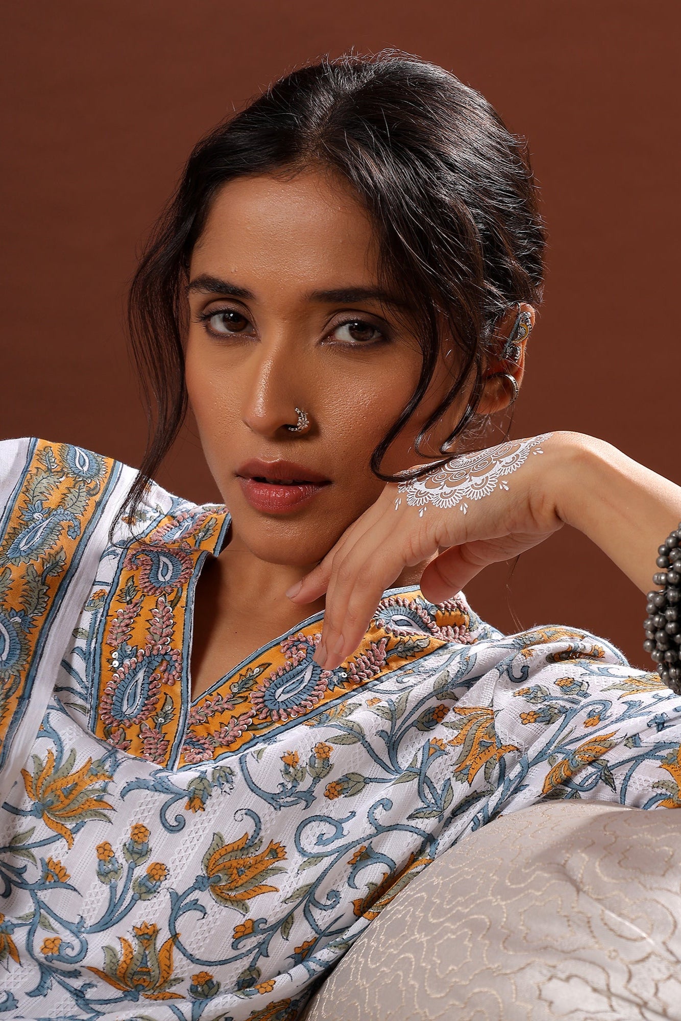 Gulnar Handblock Cotton Suit Set – White & Mustard