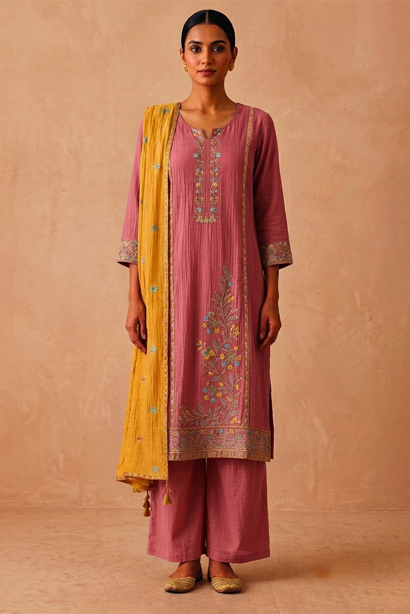 Rose Pink Mul-Chanderi Embroidered Suit Set | HER-780