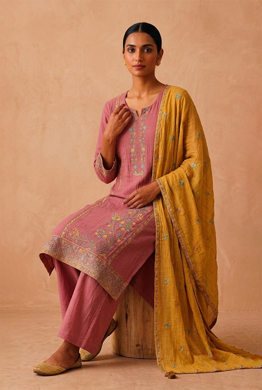 Rose Pink Mul-Chanderi Embroidered Suit Set | HER-780