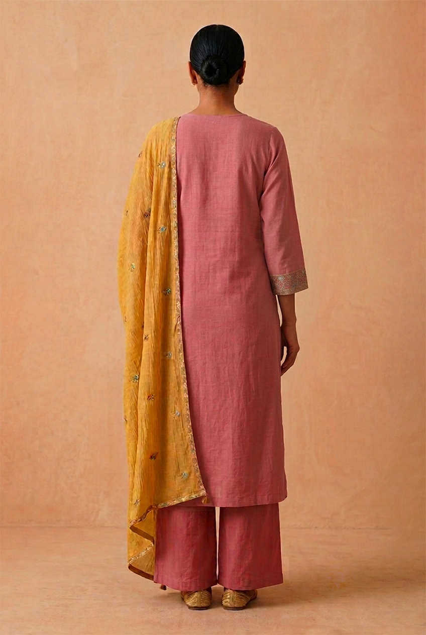 Rose Pink Mul-Chanderi Embroidered Suit Set | HER-780