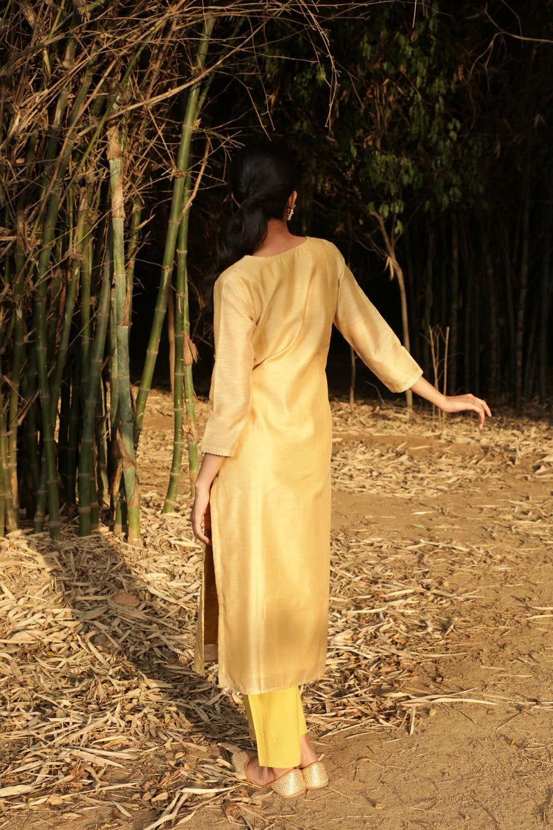 Mustard Chikankari Jute Chanderi Kurta Set | HER-160