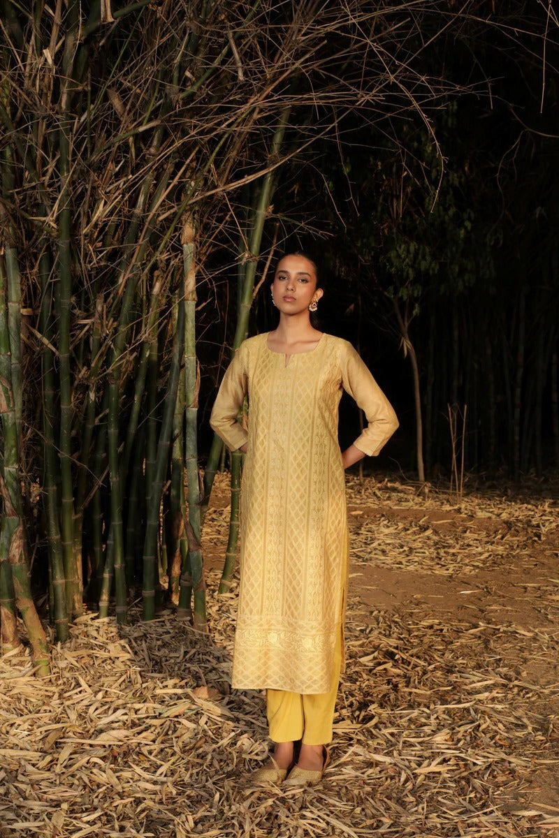 Mustard Chikankari Jute Chanderi Kurta Set | HER-160