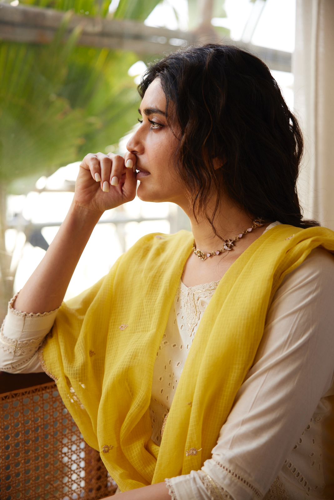 Off-White, Mustard Schiffli Cotton Suit Set | HER-309