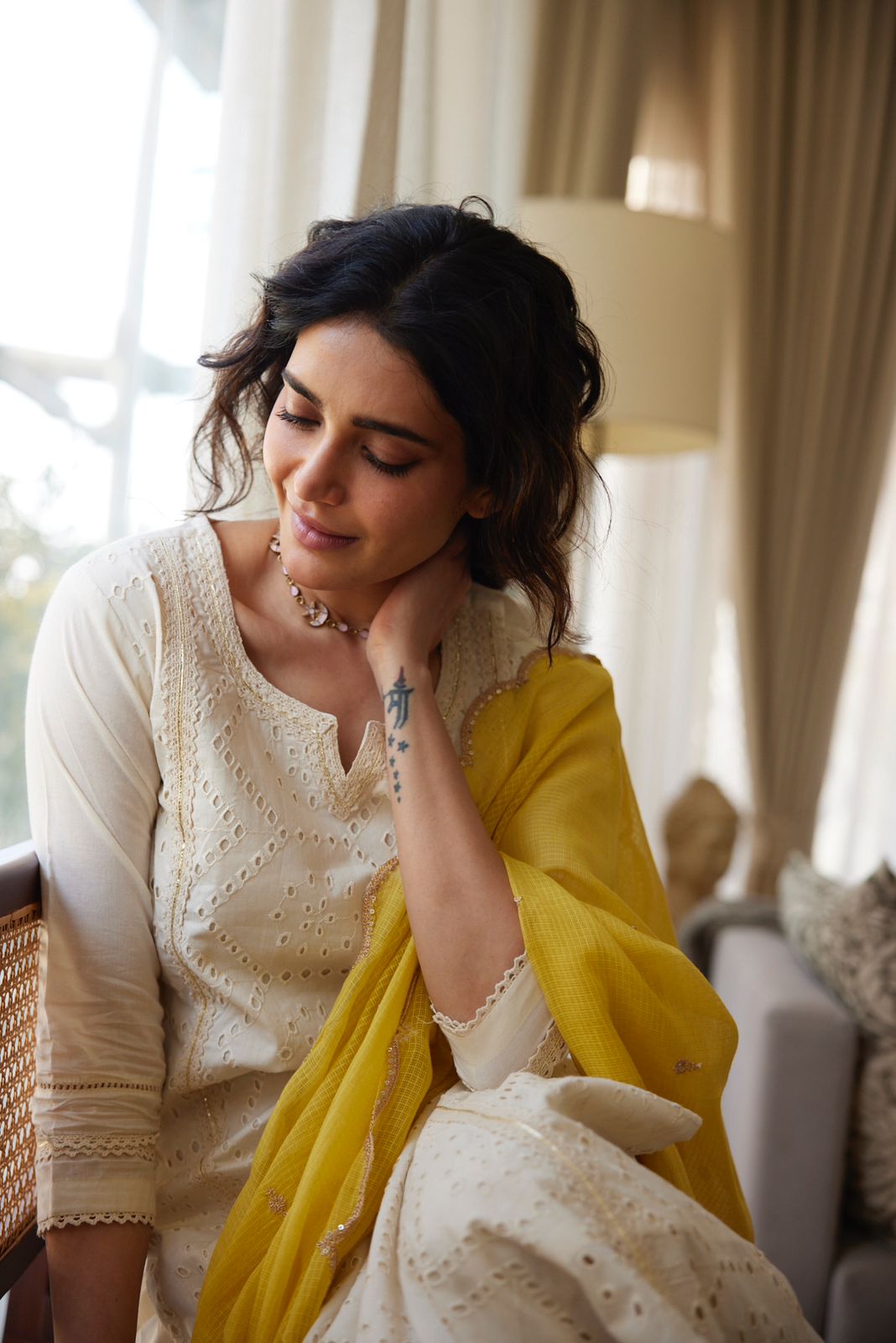 Off-White, Mustard Schiffli Cotton Suit Set | HER-309