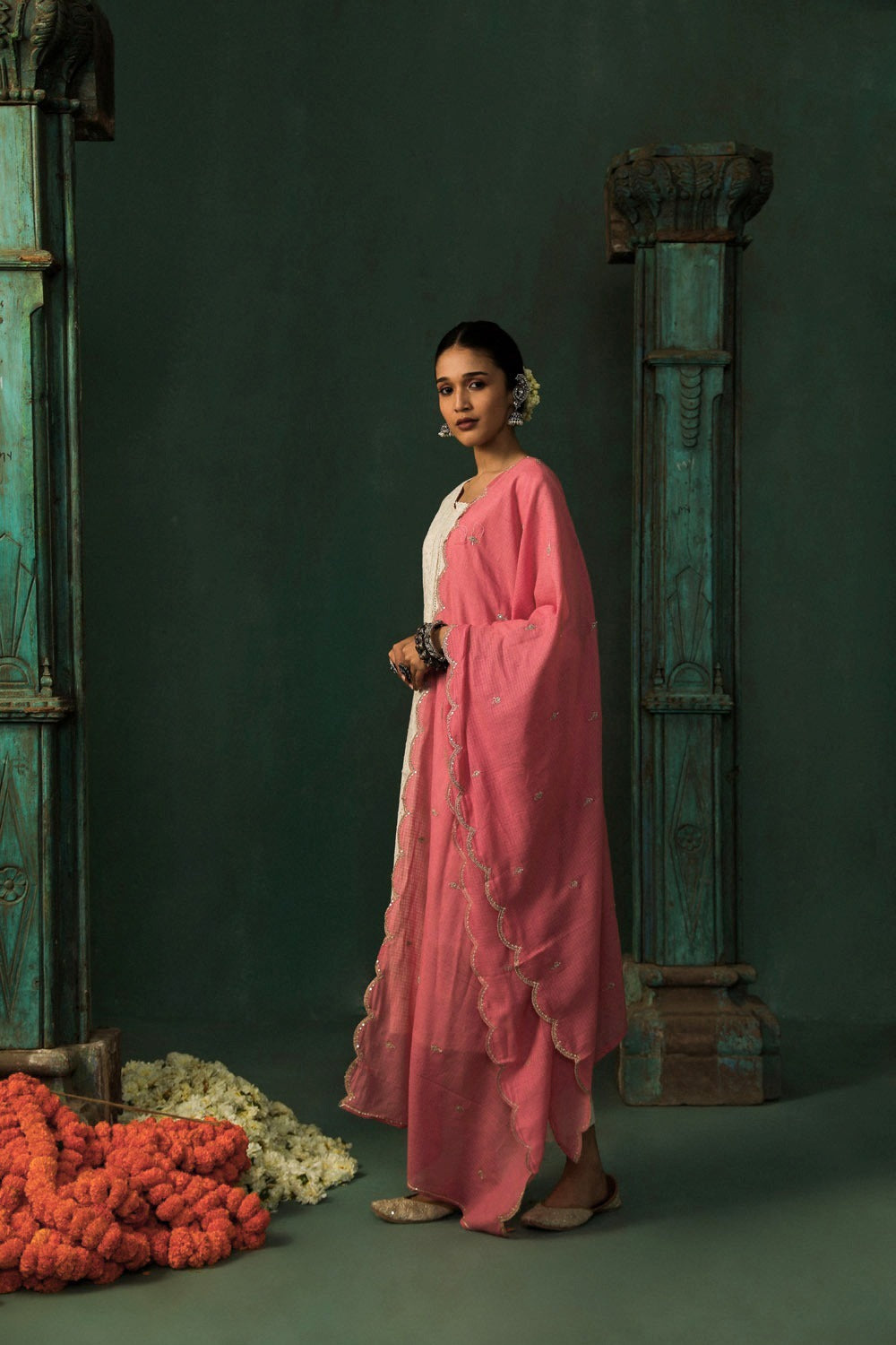 Off-White Schiffli Cotton Suit Set (Pink Dupatta)