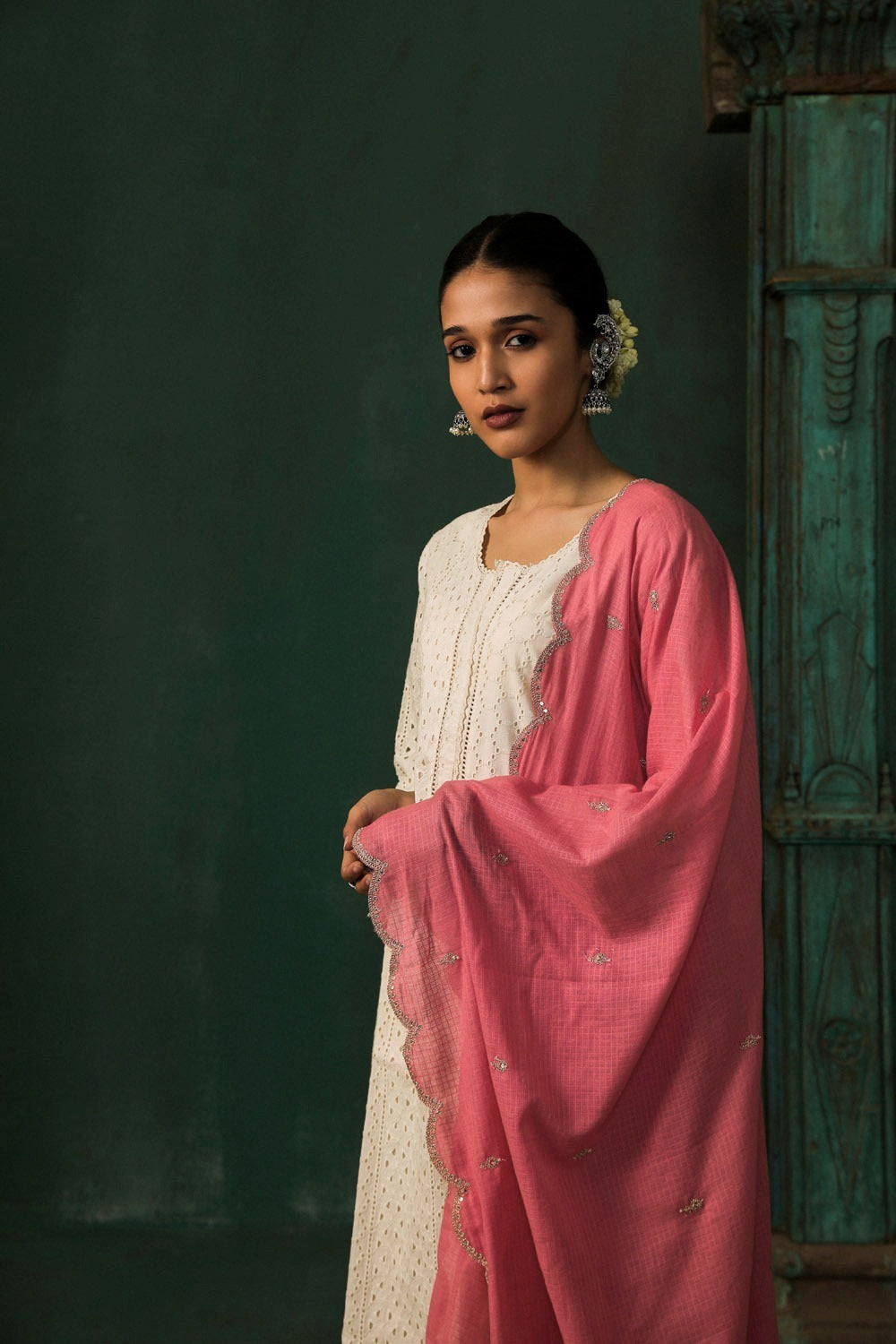 Off-White Schiffli Cotton Suit Set (Pink Dupatta)