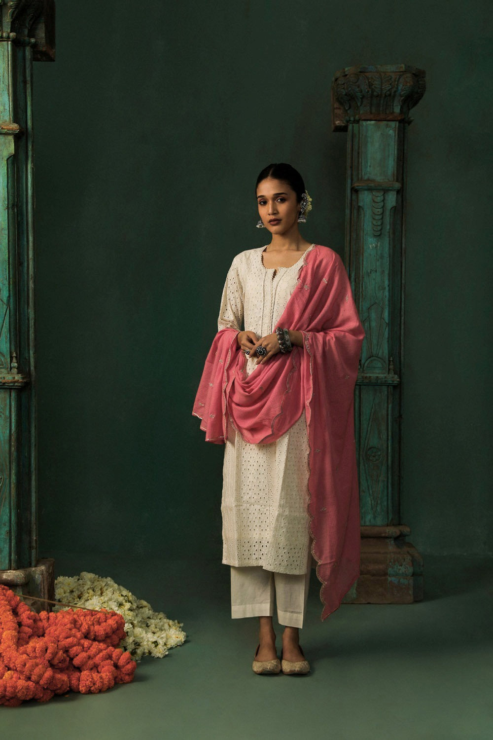 Off-White Schiffli Cotton Suit Set (Pink Dupatta)