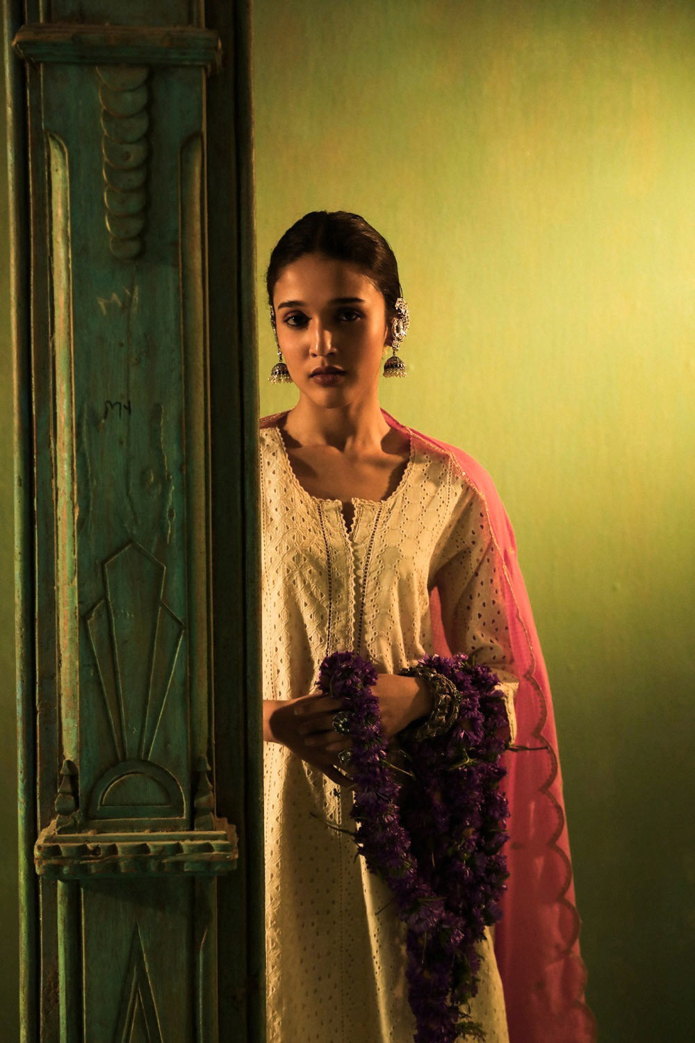 Off-White Schiffli Cotton Suit Set (Pink Dupatta)