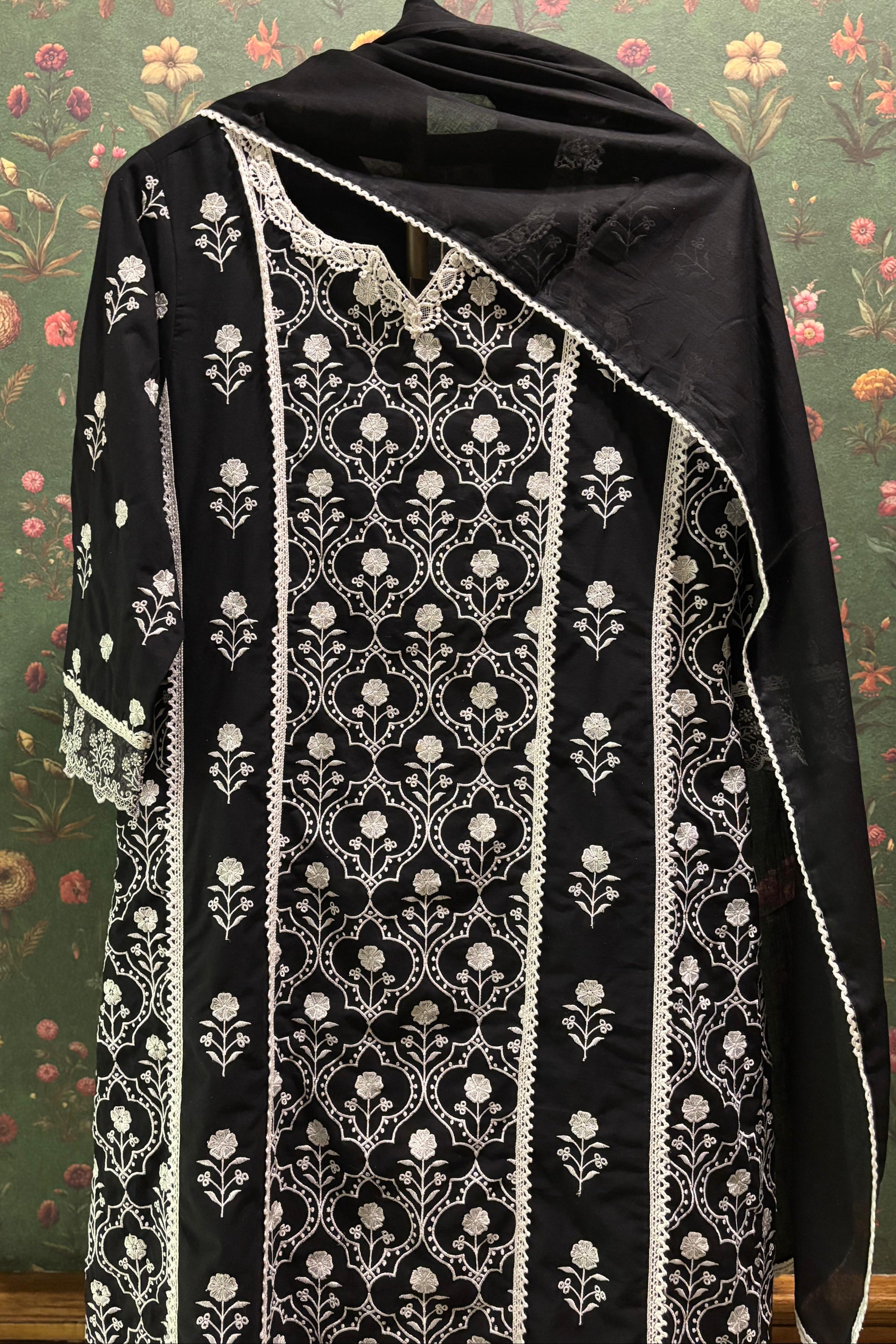 Black Straight Fit Cotton Suit Set (With Pants and Dupatta)