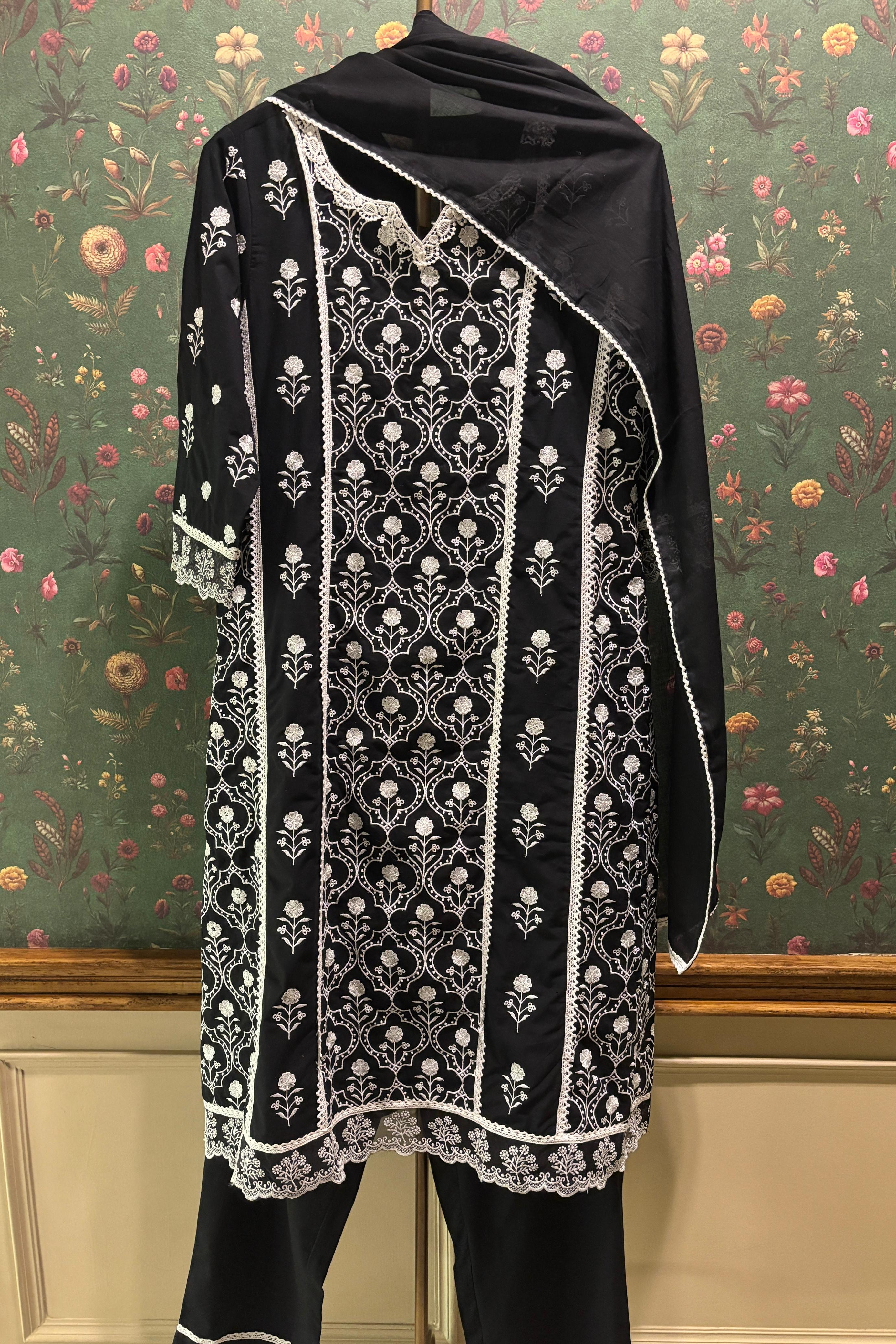 Black Straight Fit Cotton Suit Set (With Pants and Dupatta)