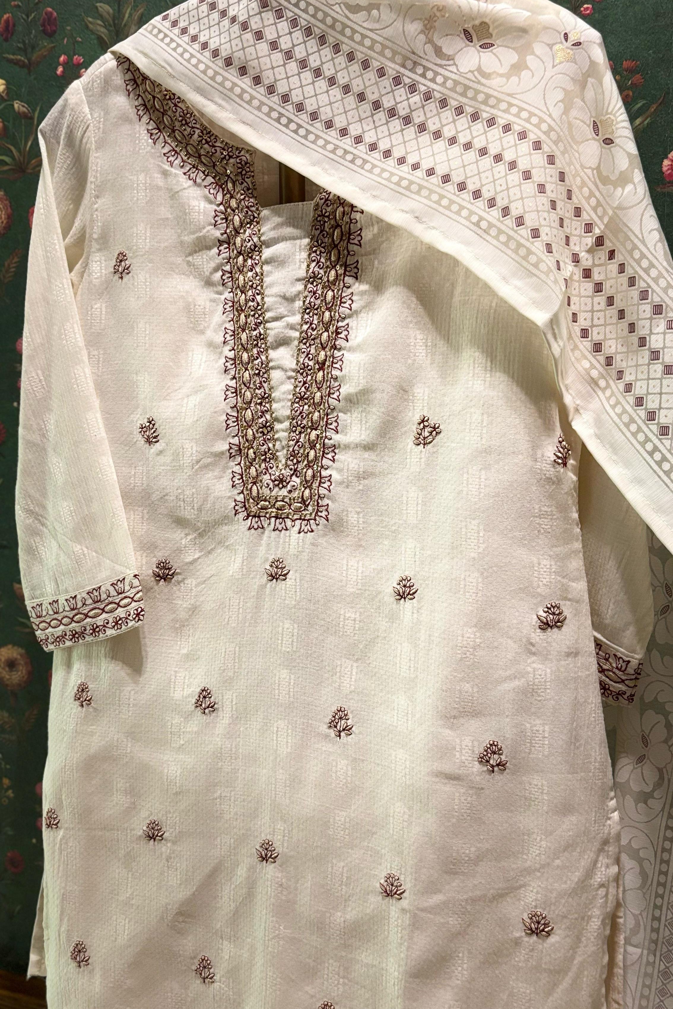 Cream Cotton Straight Fit Suit Set (with Pants and Dupatta)