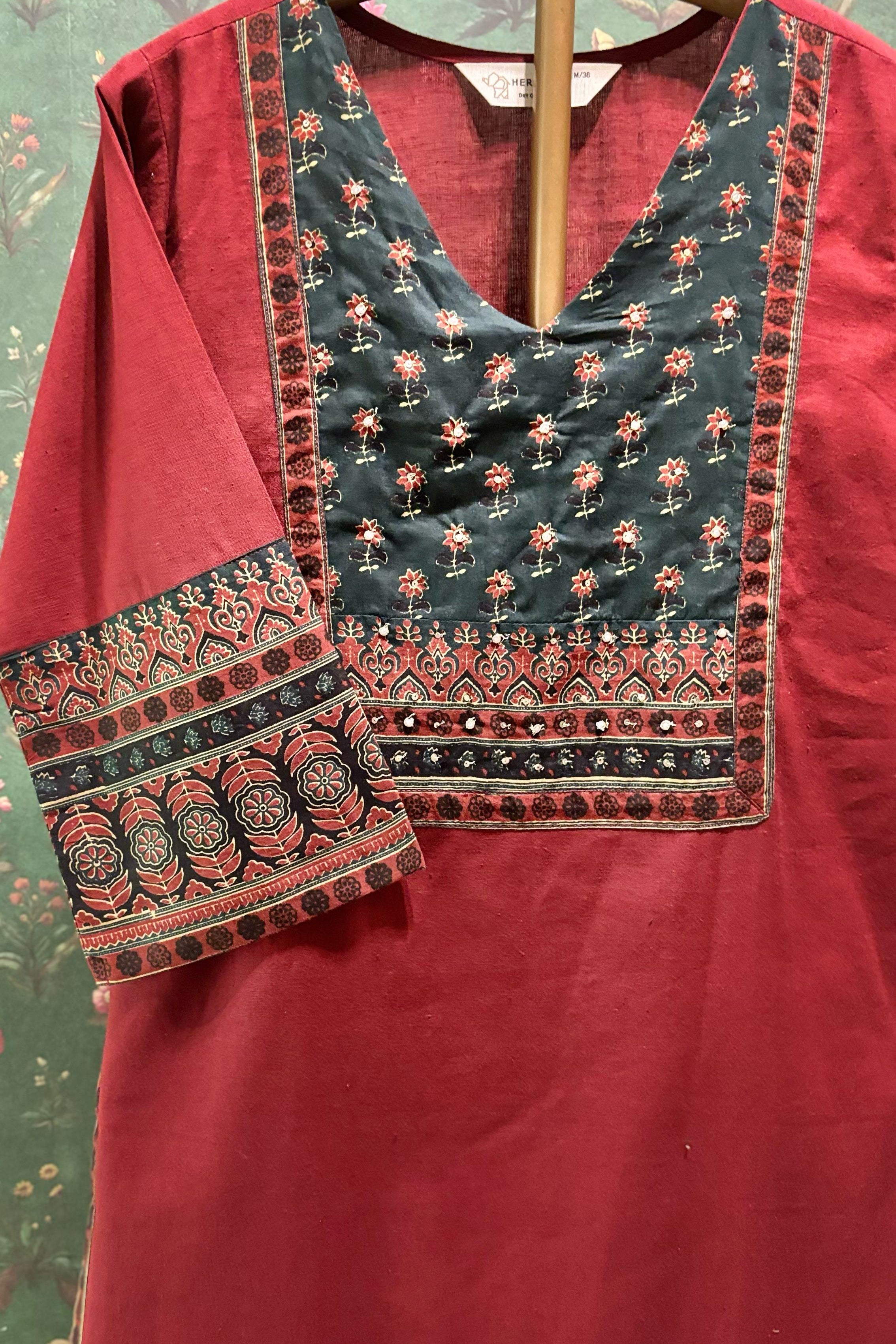 Maroon Straight Fit Cotton Kurta Set | HER-496