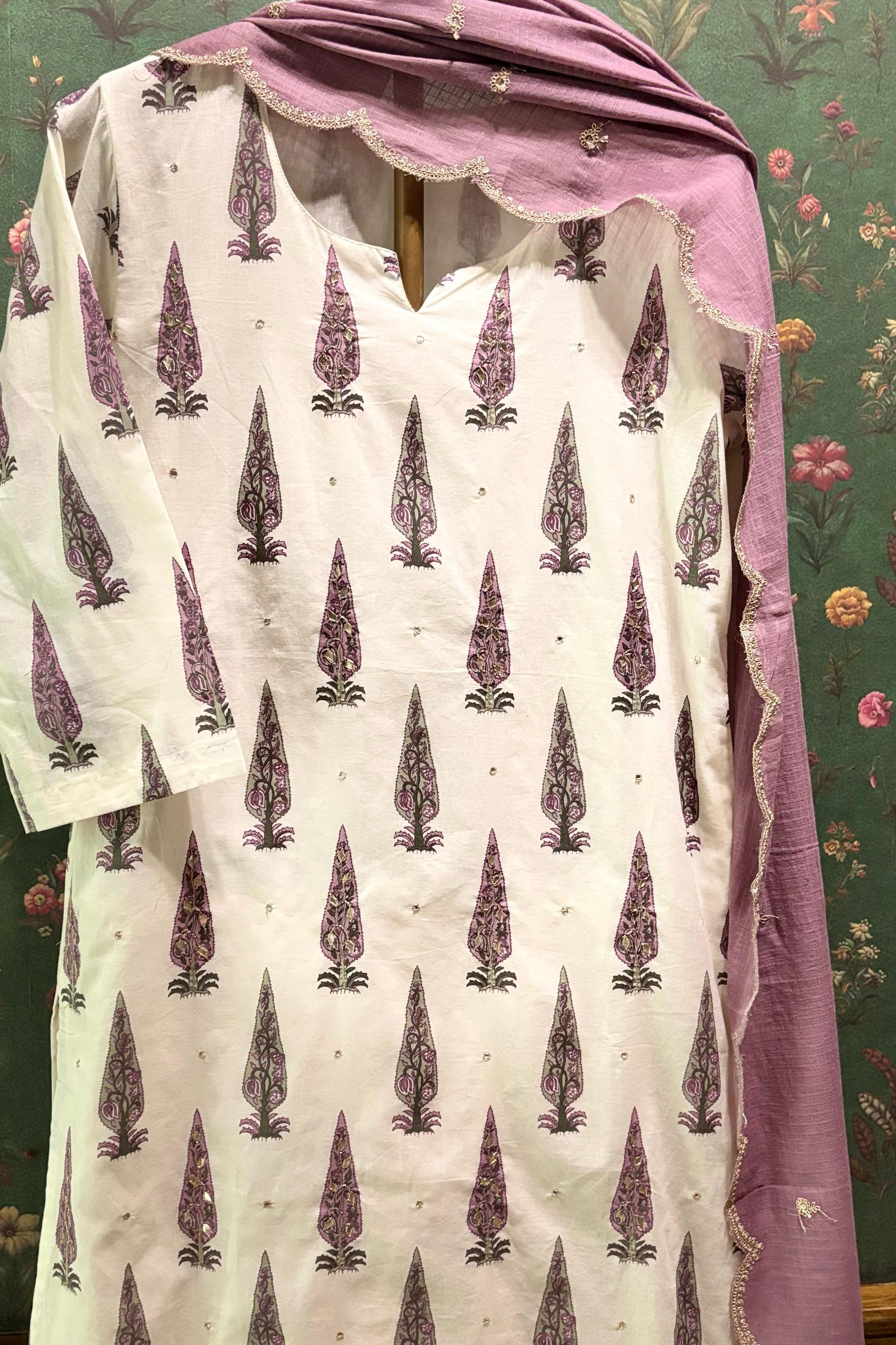 Lilac Floral Suit Set, with Kota Doria Dupatta | HER-519