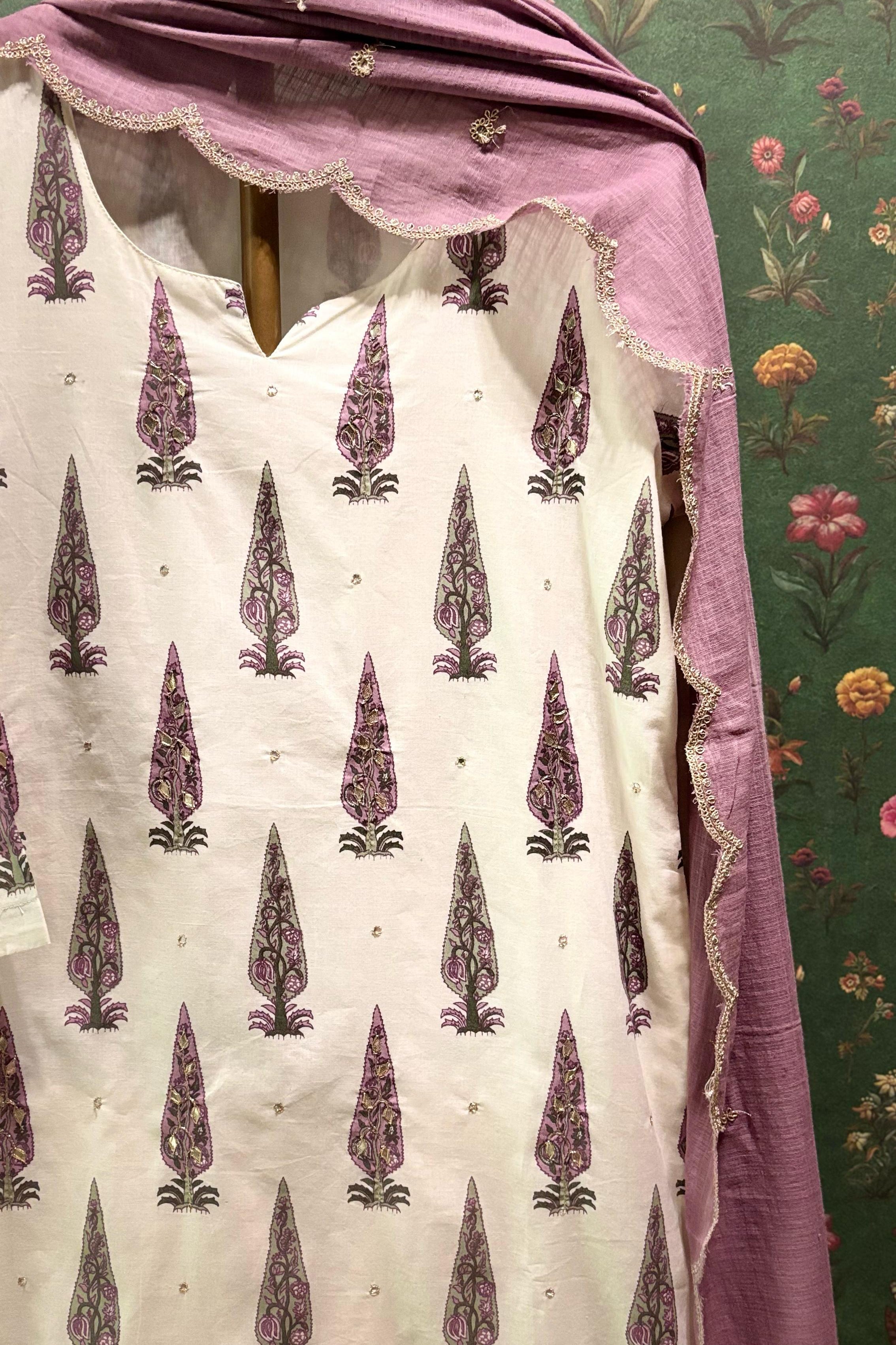 Lilac Floral Suit Set, with Kota Doria Dupatta | HER-519