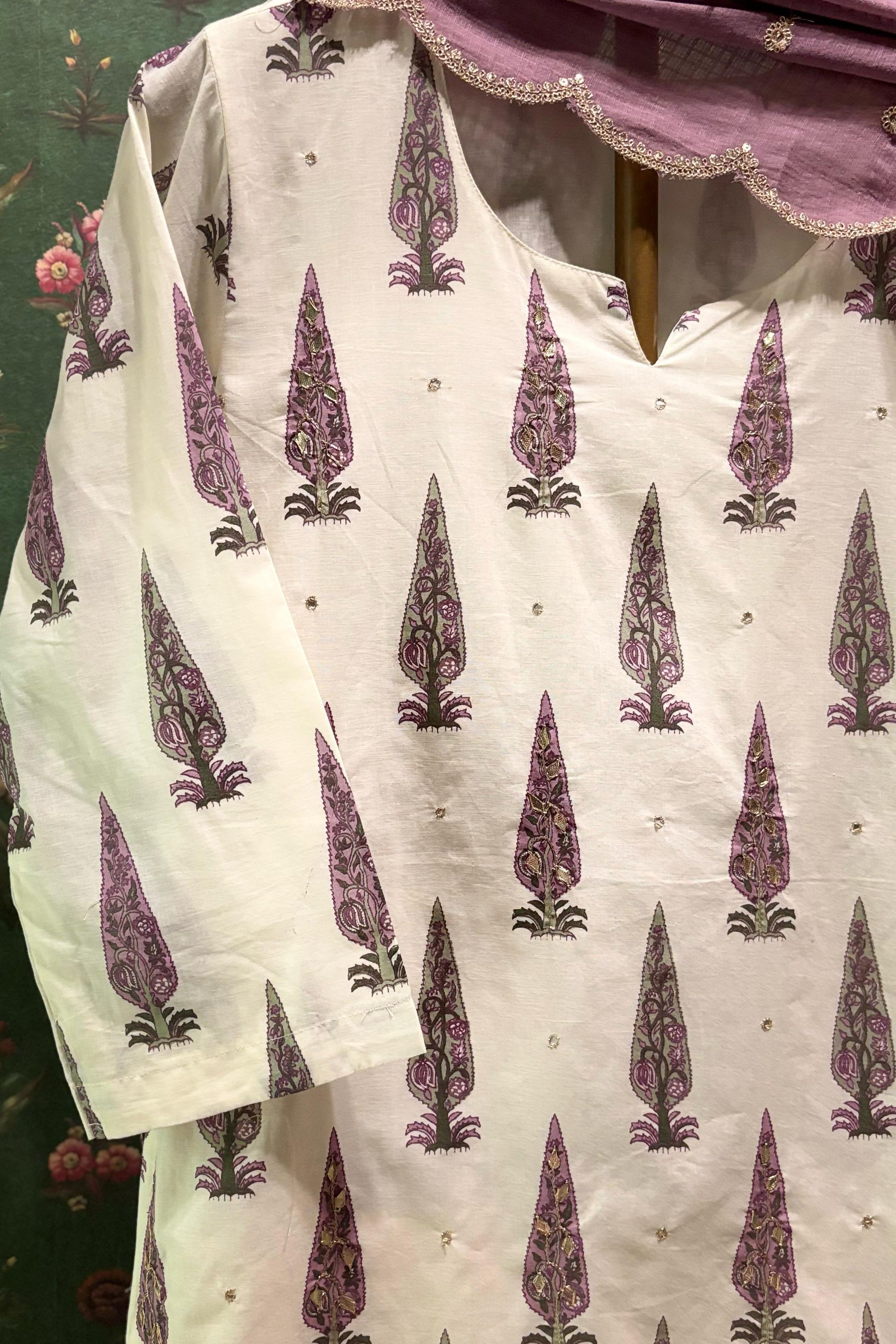 Lilac Floral Suit Set, with Kota Doria Dupatta | HER-519