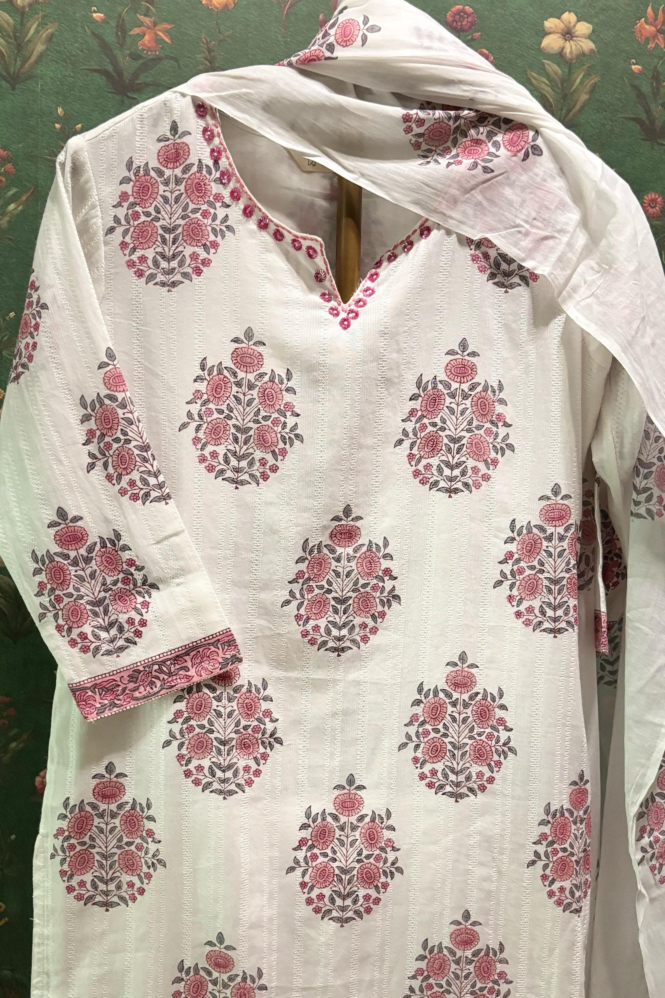 White & Pink Straight Fit Cotton Suit Set | HER-448