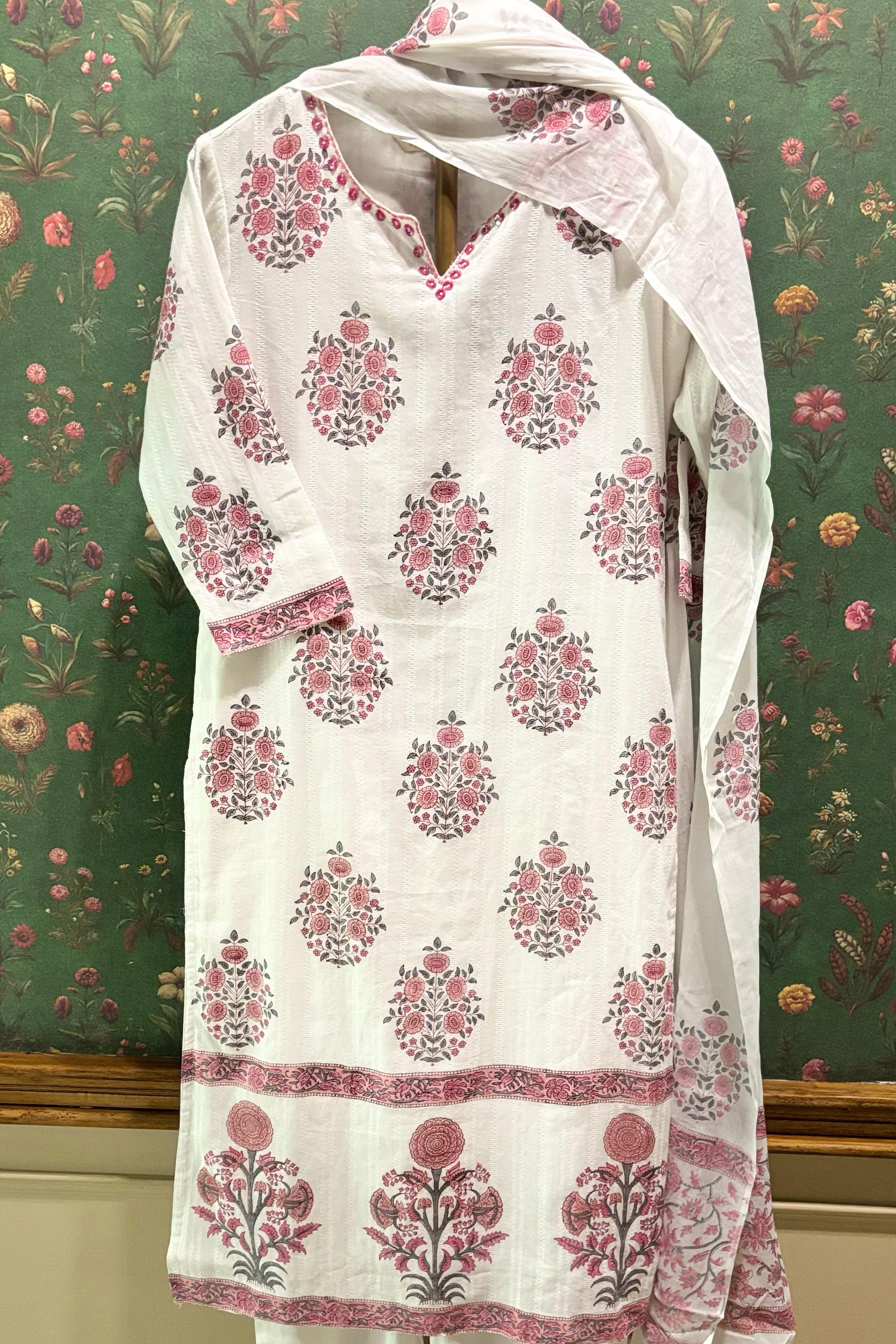 White & Pink Straight Fit Cotton Suit Set | HER-448