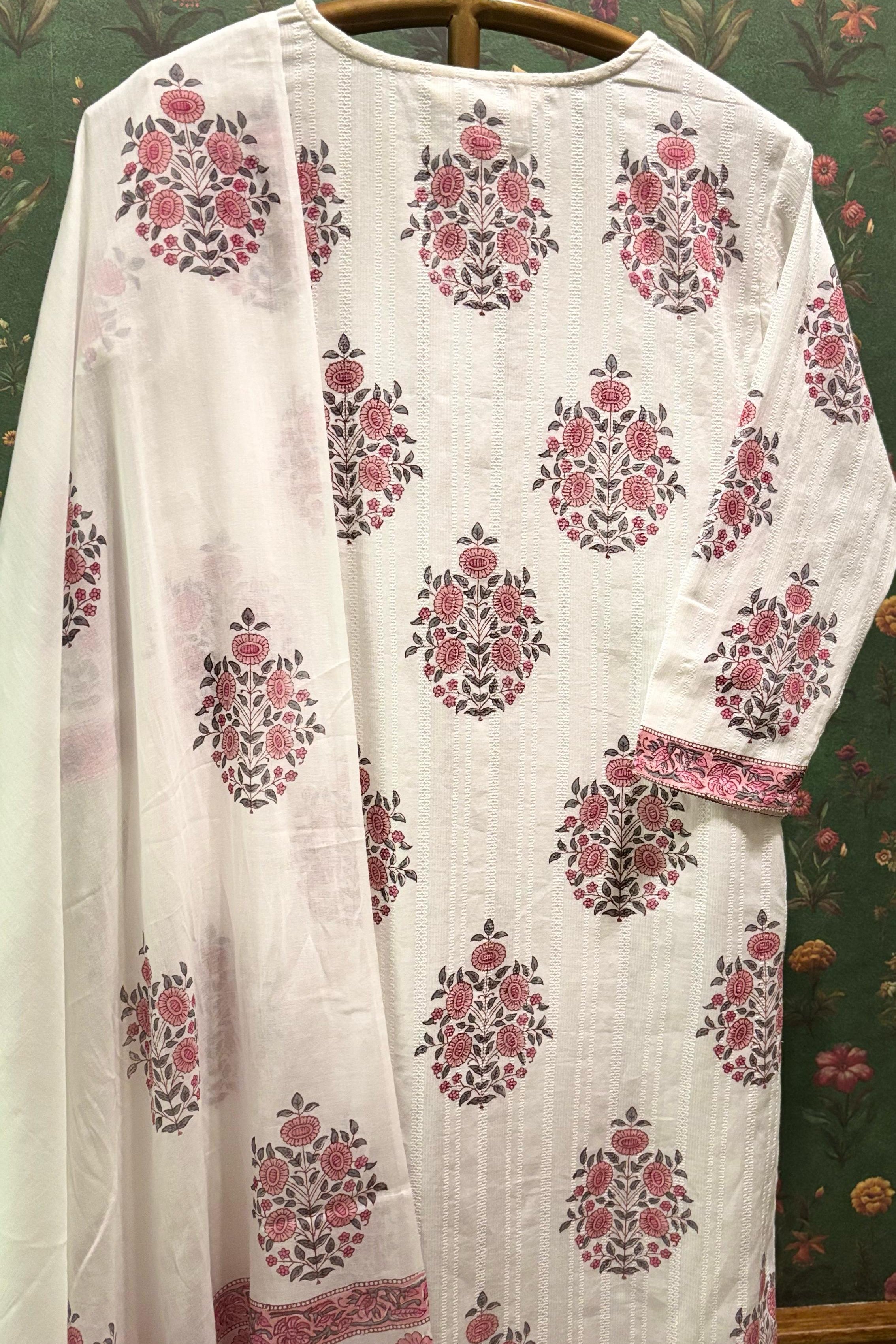 White & Pink Straight Fit Cotton Suit Set | HER-448