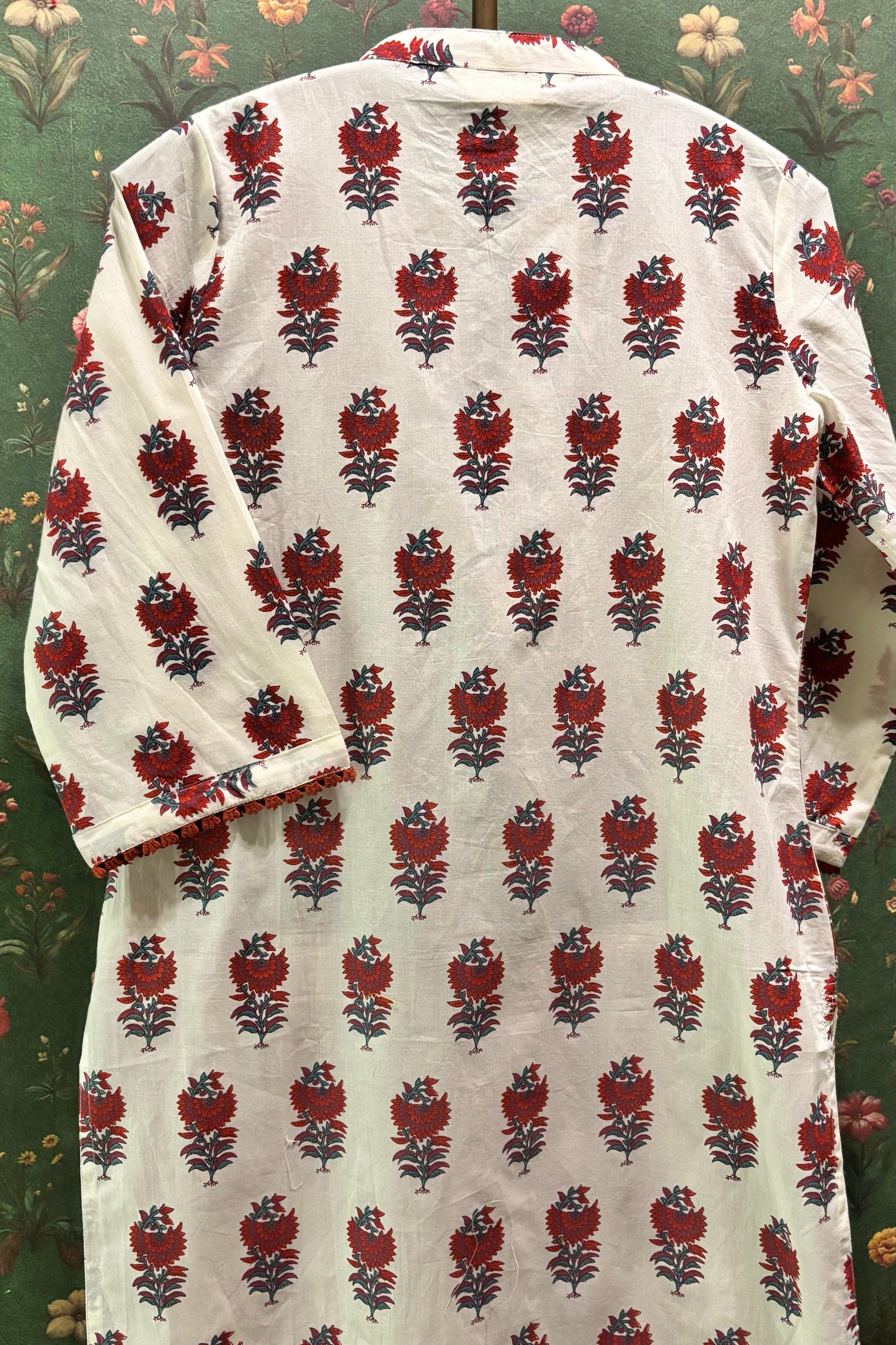 Cream & Red Straight fit Cotton Kurta set