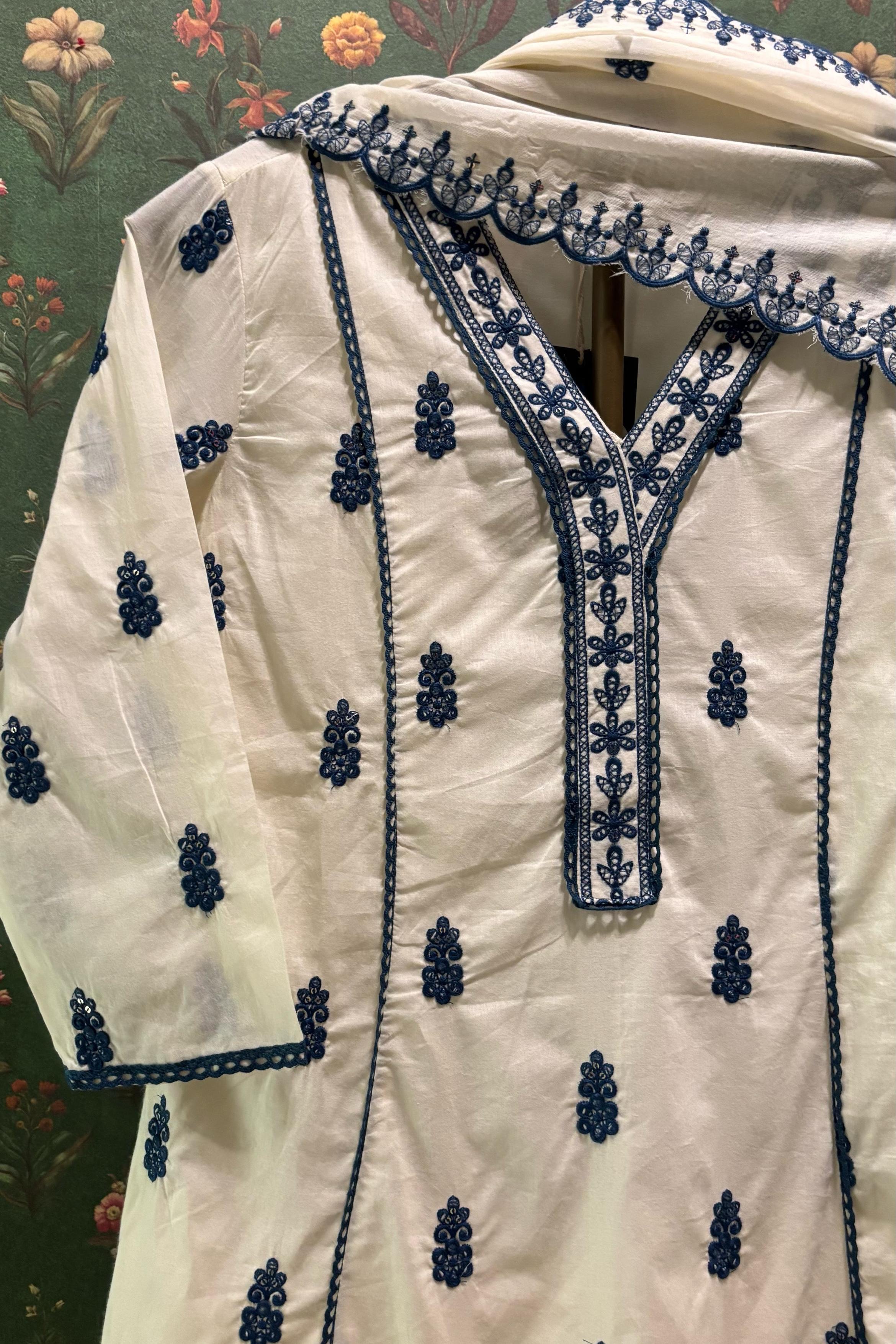 Ivory Cotton Charm Suit Set, Blue | HER-514