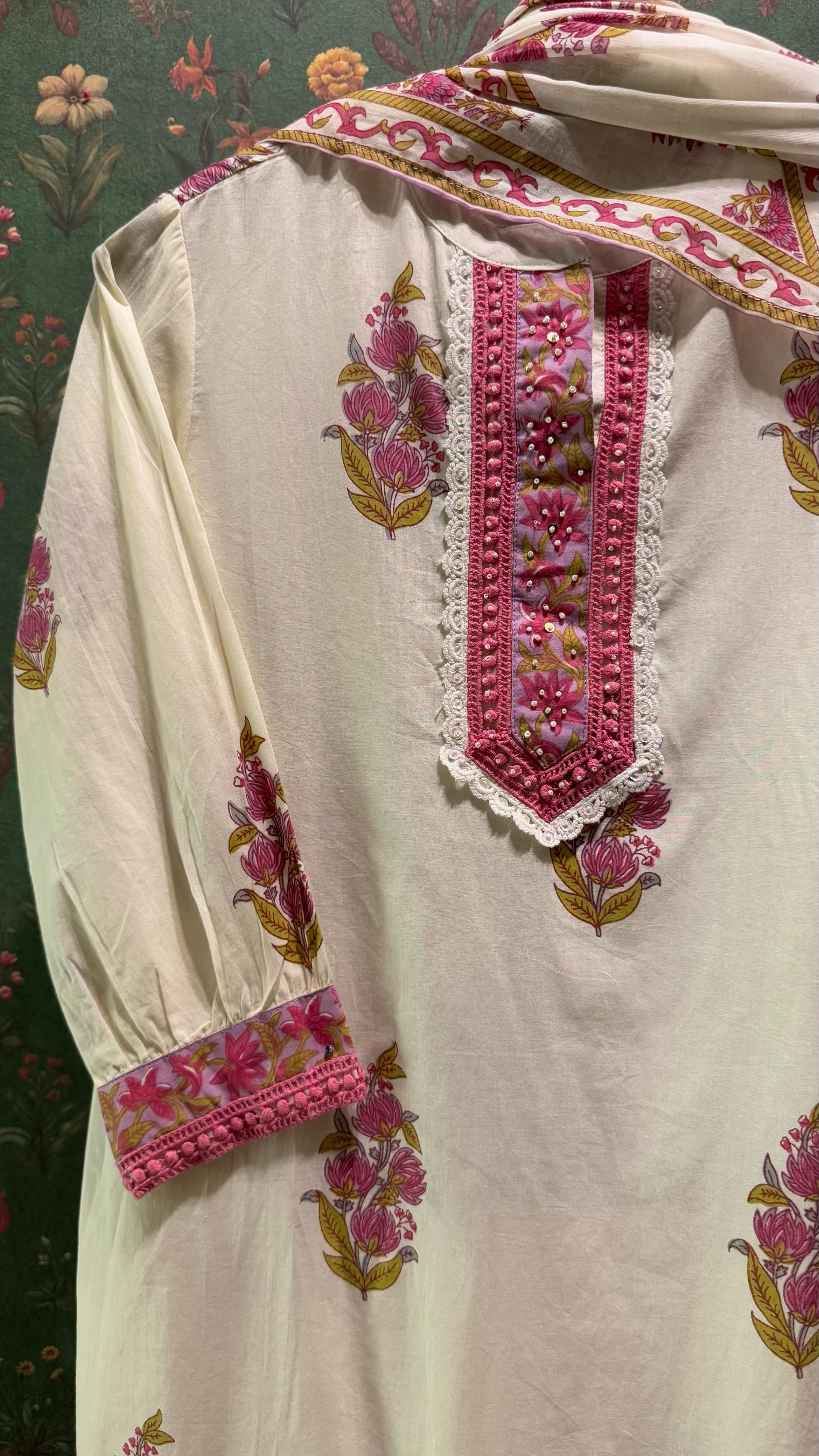 Cream Straight fit Cotton Suit Set